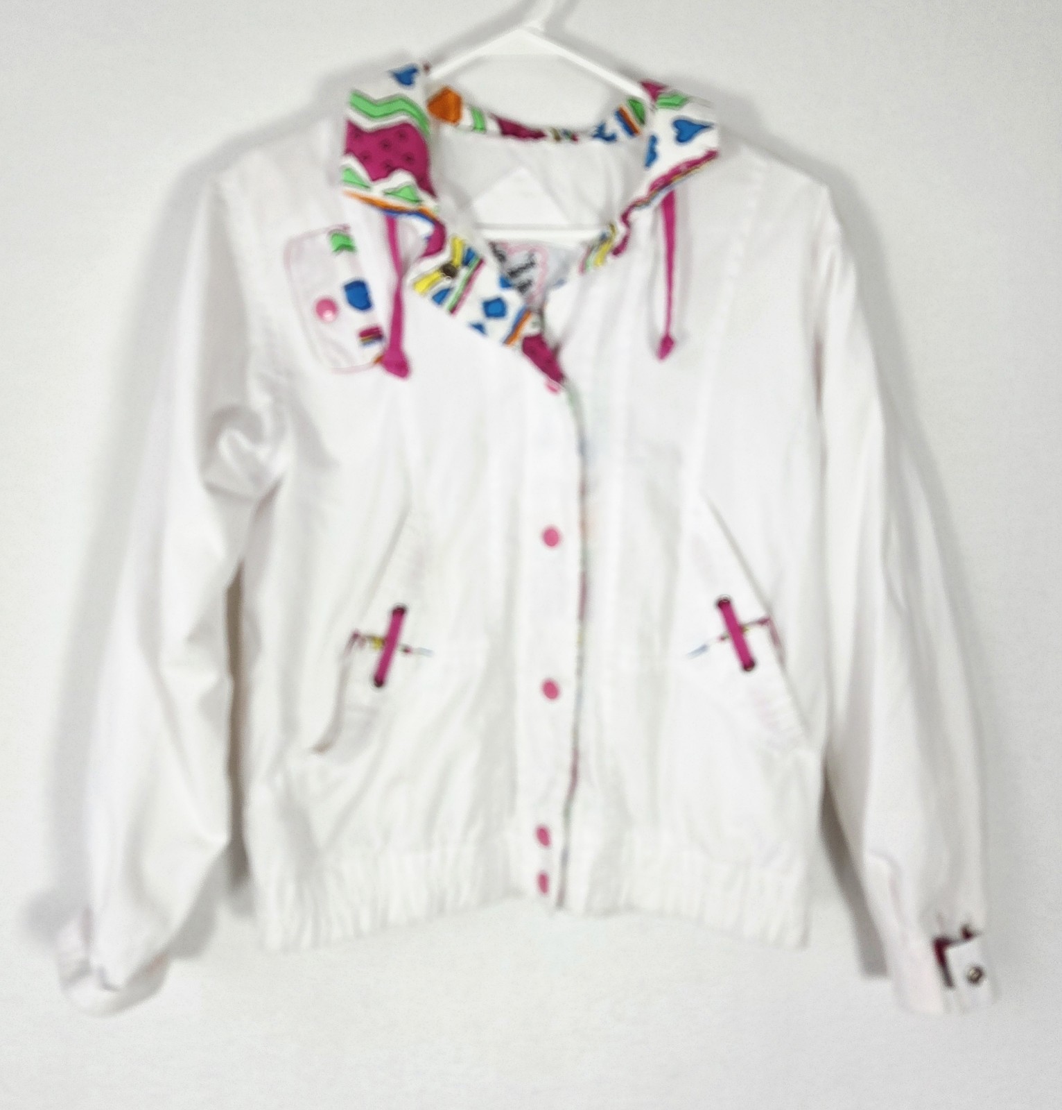 VTG 80’s Current Seen White Windbreaker Jacket Geometric Collar Women 14 Retro