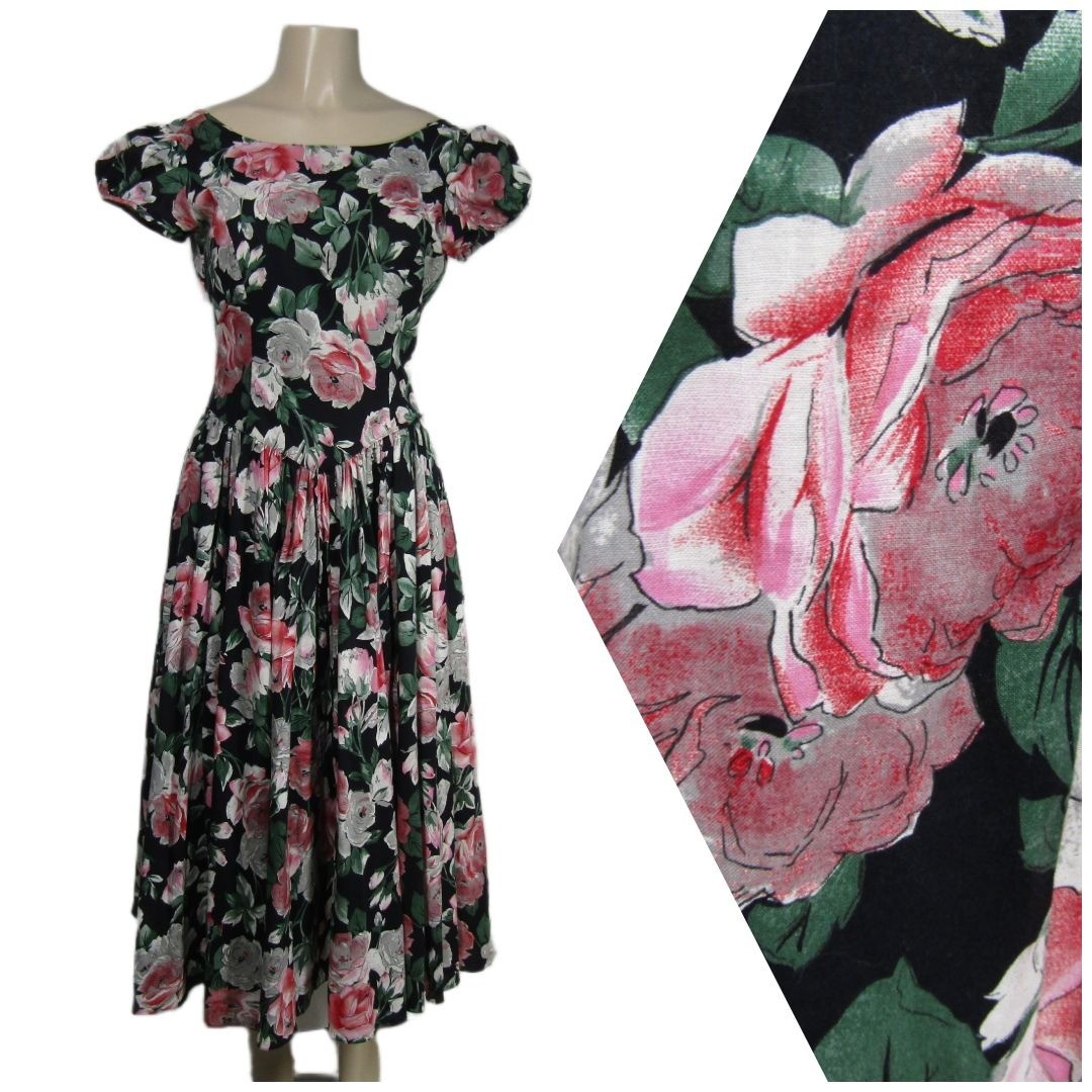 VTG 80s GEARY ROARK KAMISATO Cottagecore Romantic Floral Basque Puff Dress S