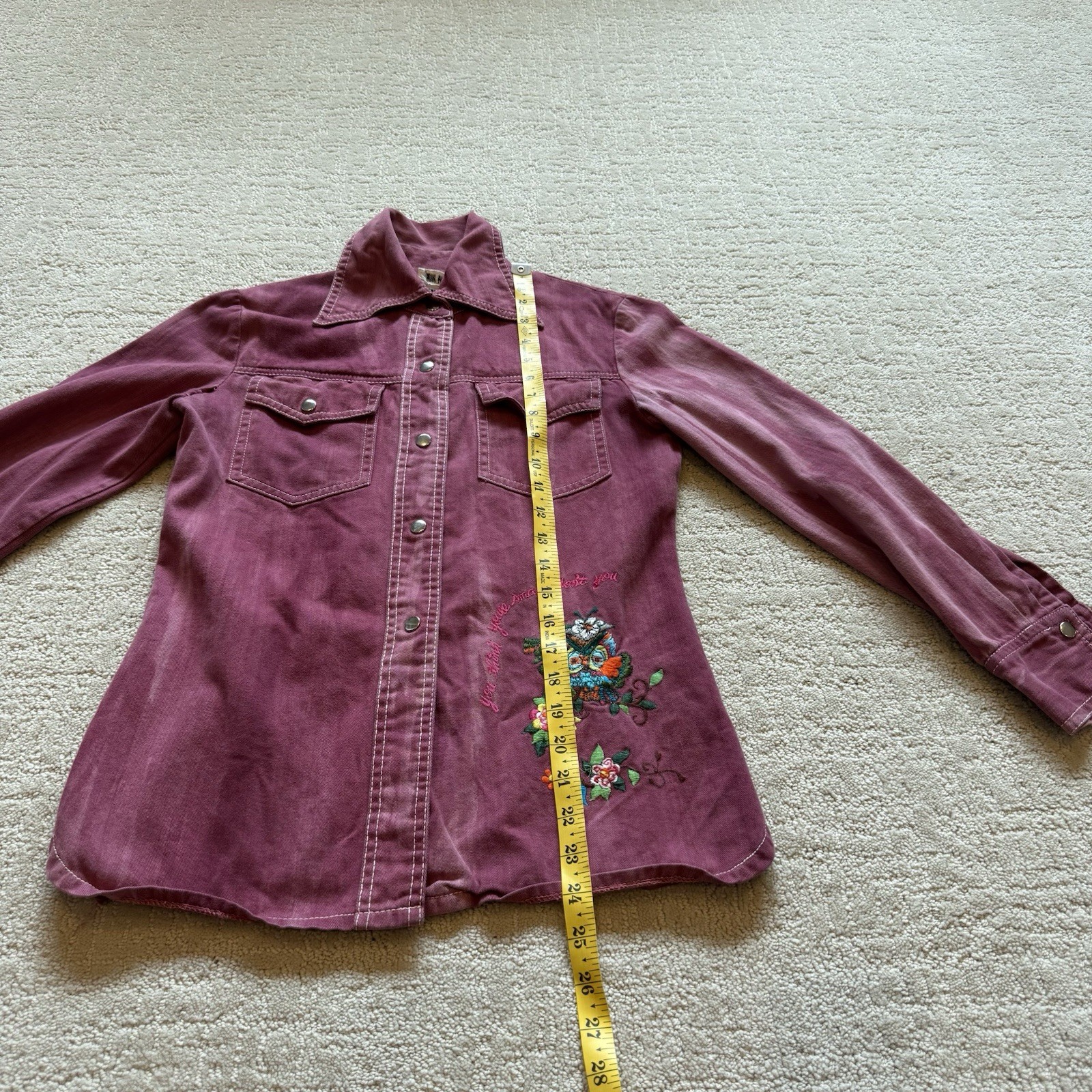 VTG 70s It’s Rich Embroidered Owl Snap Button Shirt Size Small Made In Hong Kong