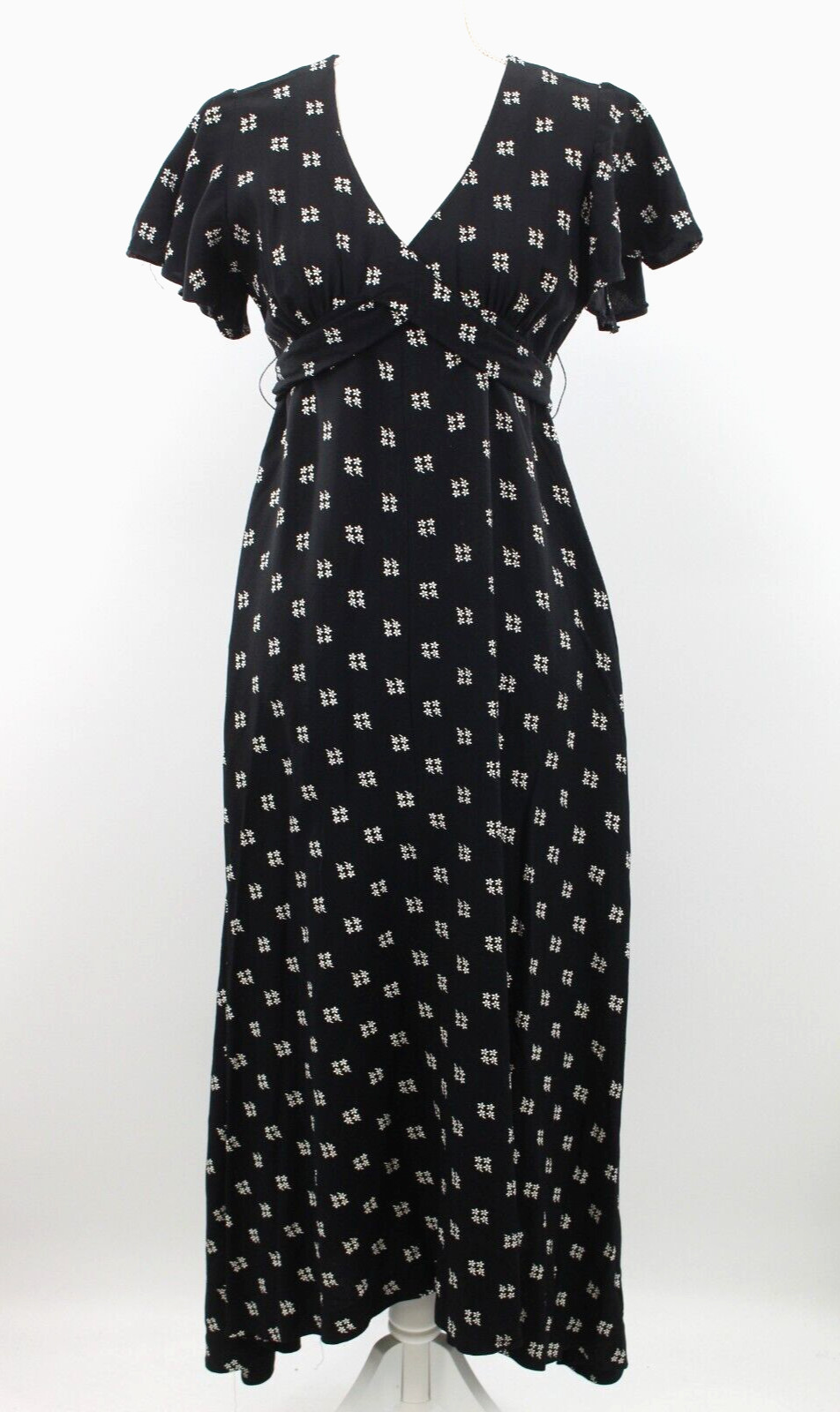 Vtg Women’s 60s 70s Black W/ White Flowers Maxi Dress 1960s 1970s Long Gown S/M