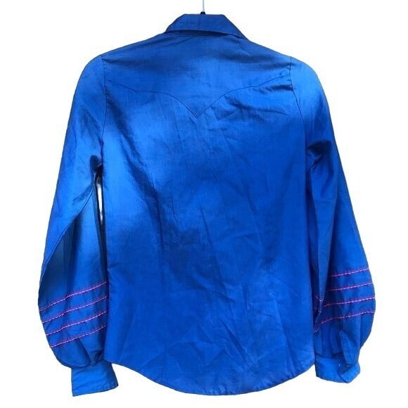 Vintage Karman Western Wear Lantern Sleeve Blue Red Embroidery Button Down Shirt