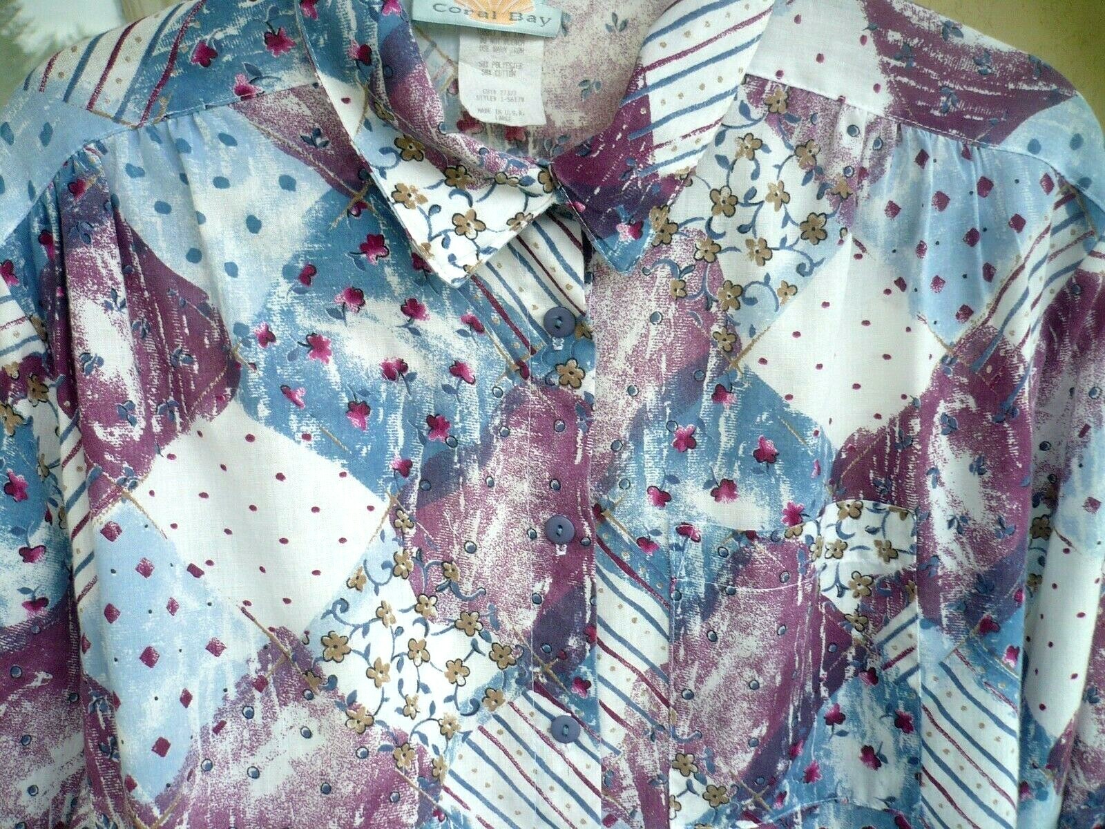 VTG CORAL BAY 80 90S BUTTON UP COTTON FLORAL PATCHWORK PRINT XL L TAB SHIRT LADY