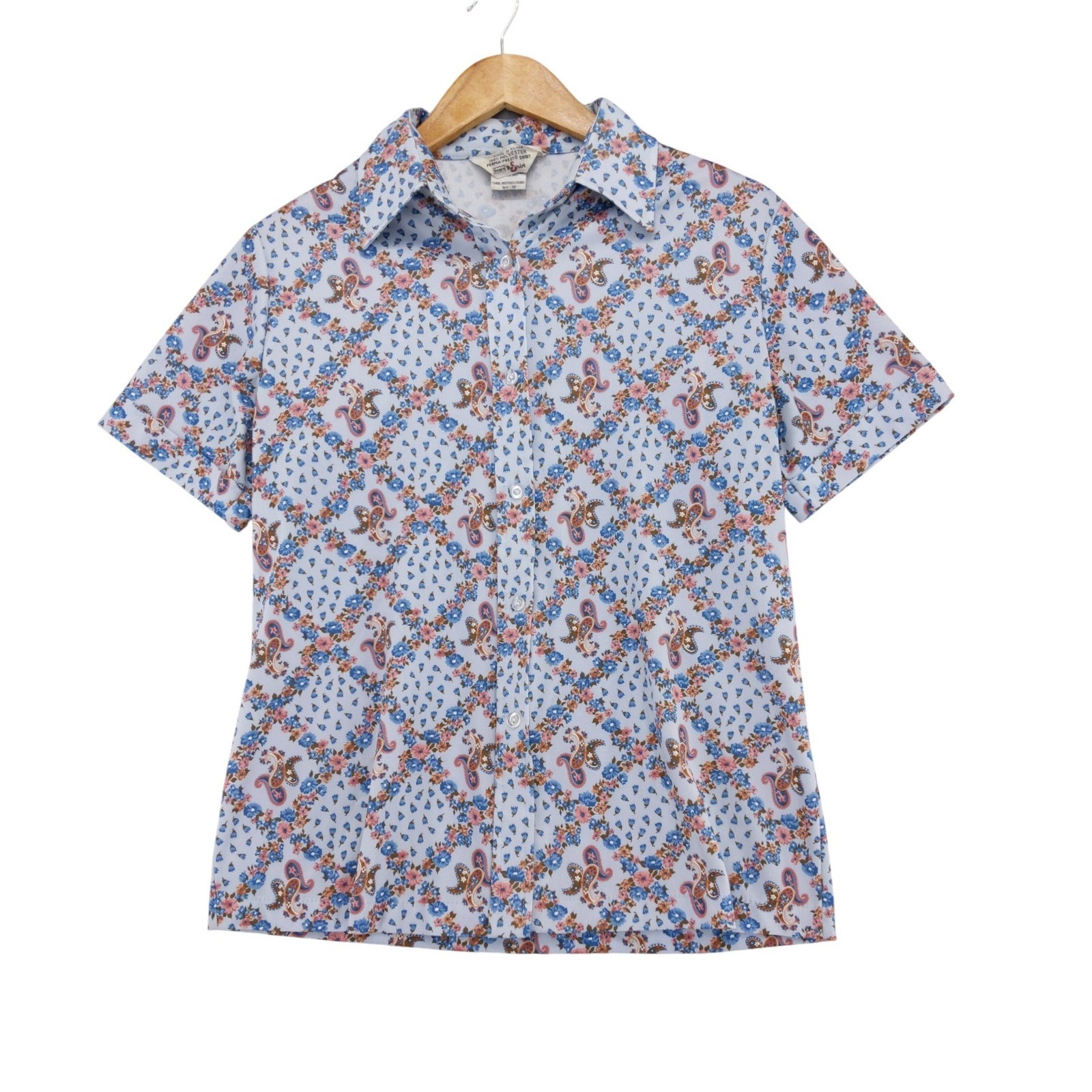 Vintage 70s Sears The Shirt Button Up Women 16 Blue Floral Paisley Short Sleeve