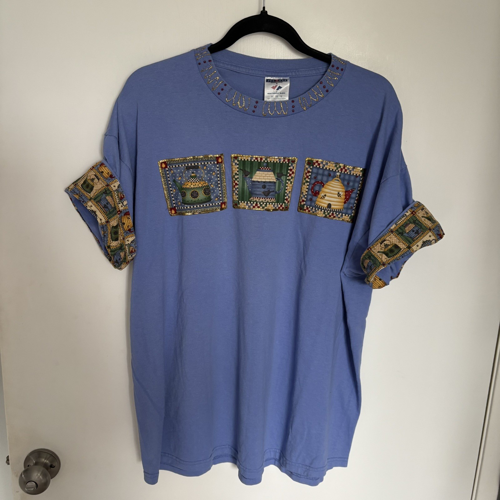 VTG Tea Kettle Grandma Core Cottage Core Roll Sleeve Jerzees XL Periwinkle