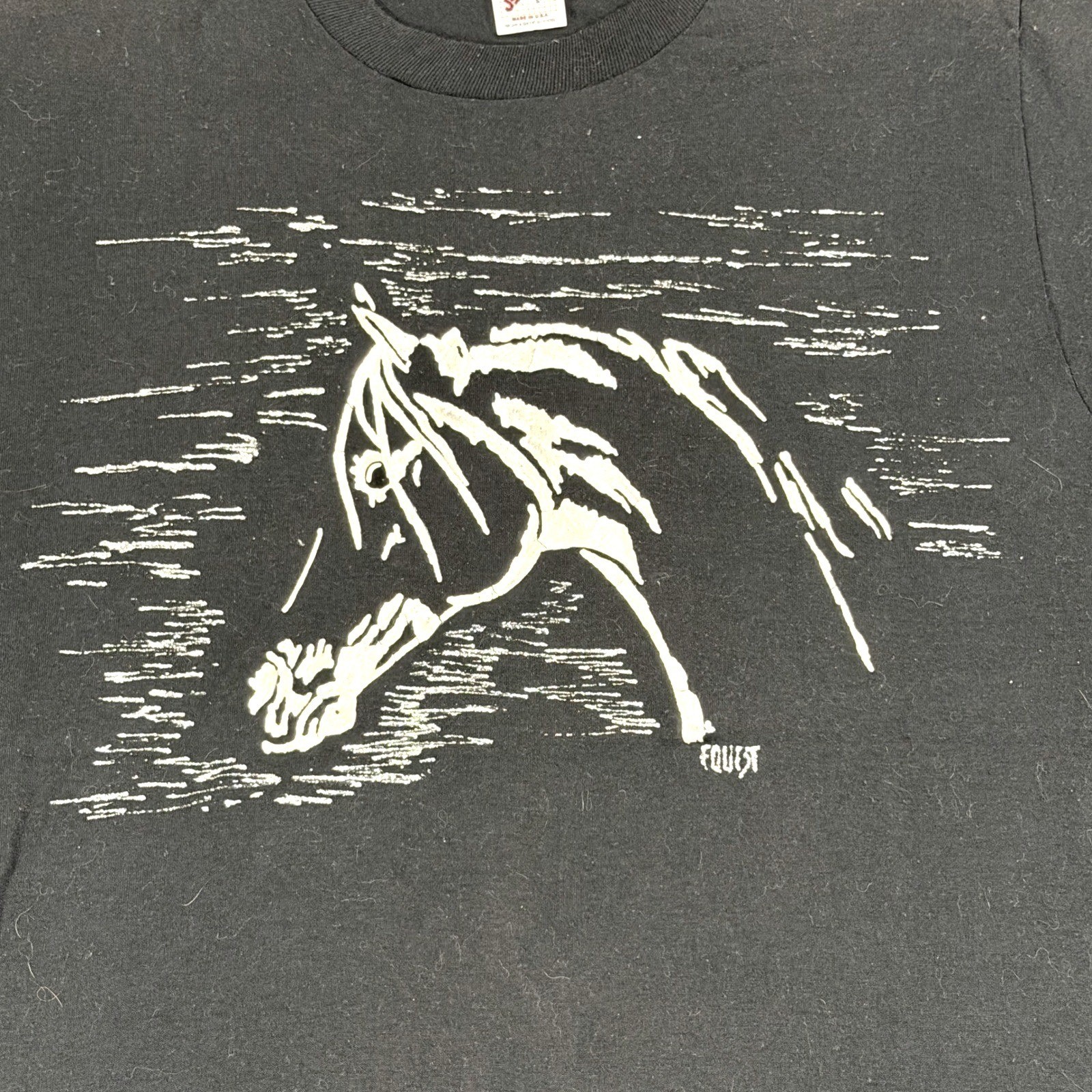Jerzees Horse Graphic Vintage T-Shirt Black Puff Print Equest Made in USA Large