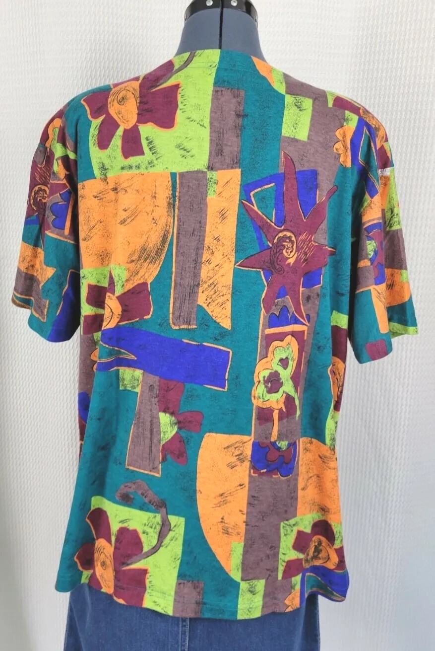 Vintage Forenza Graphic Print Tee in Teal/Burgundy/Orange/Brown/Blue Sz Large