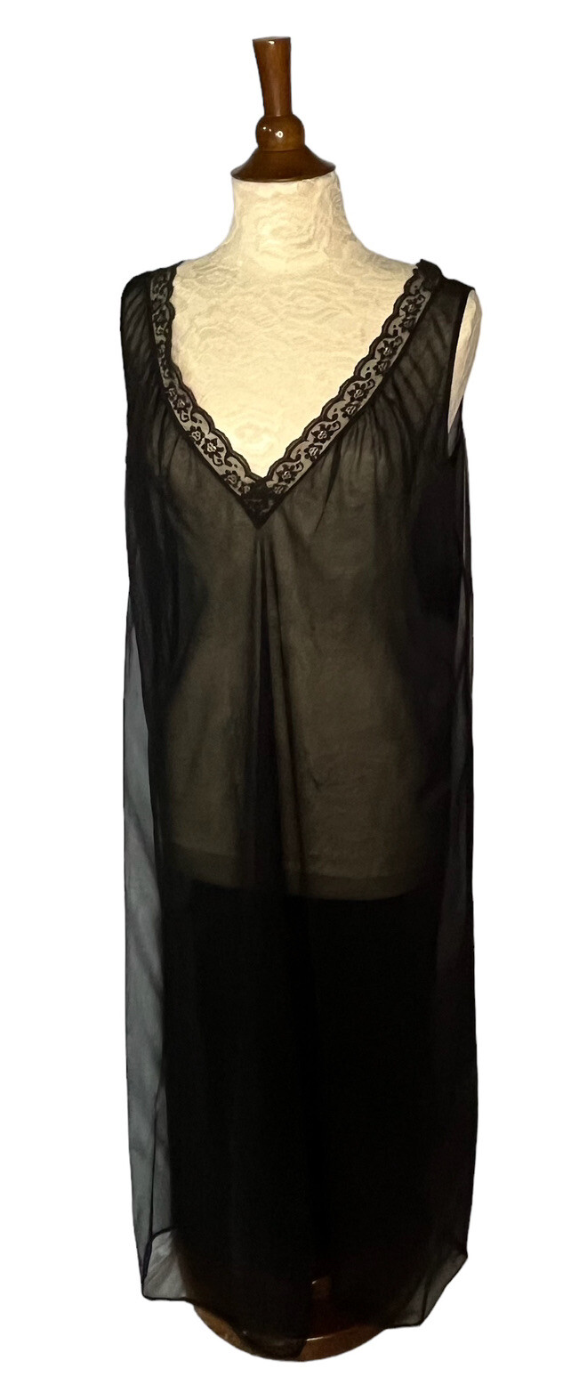 Vintage Lisette Gown Double Black Chiffon Nylon Long Lingerie V Neck Lace Medium