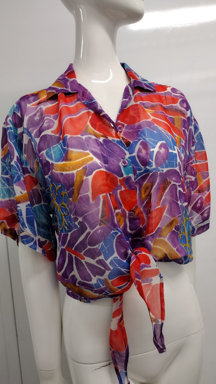 1990s Crop Style Short Sheer Shirt Unisex Purple Floral Rayon Tie Front GAY
