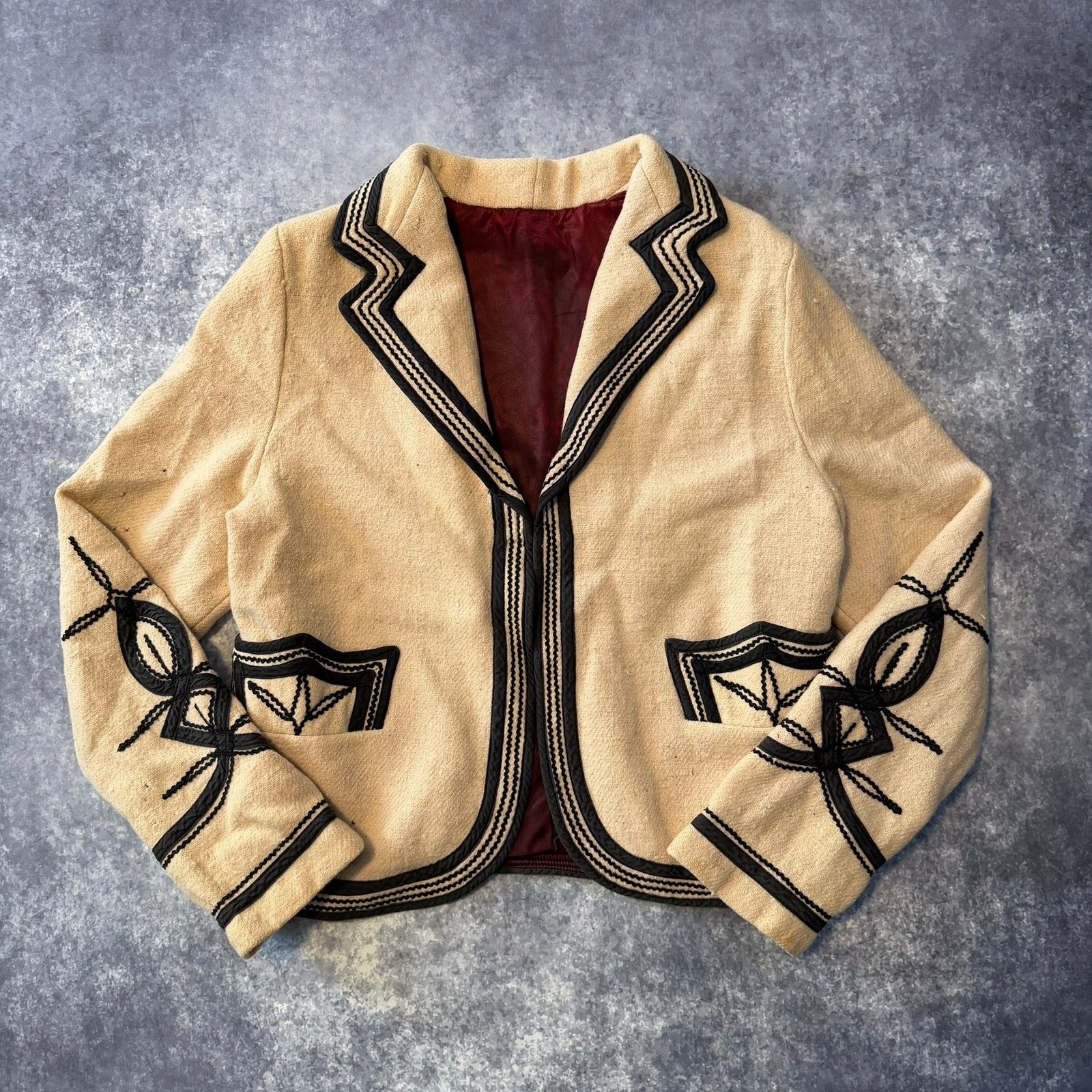 Vintage Soutache Embroidered Wool Jacket Beige Black Western Boho Cropped Blazer
