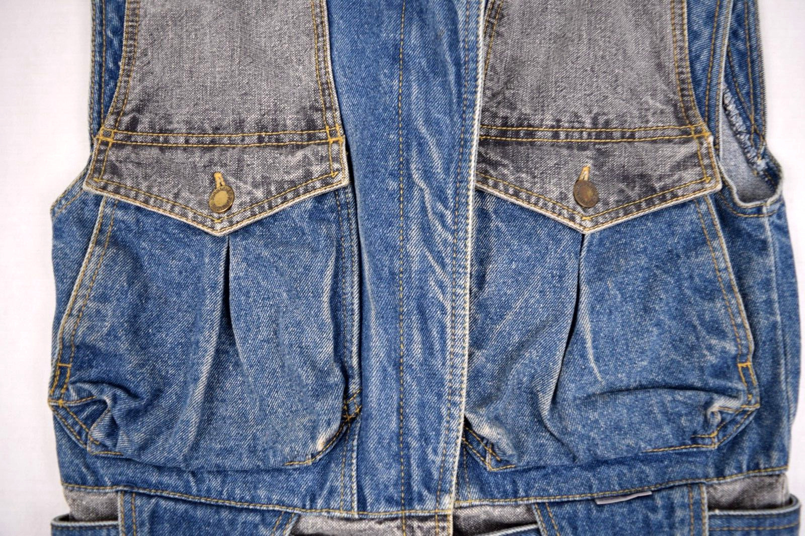 Vintage Jordache Denim Vest Size S/M 80s Belted 2 Tone Blue Wash Gray Denim Yoke