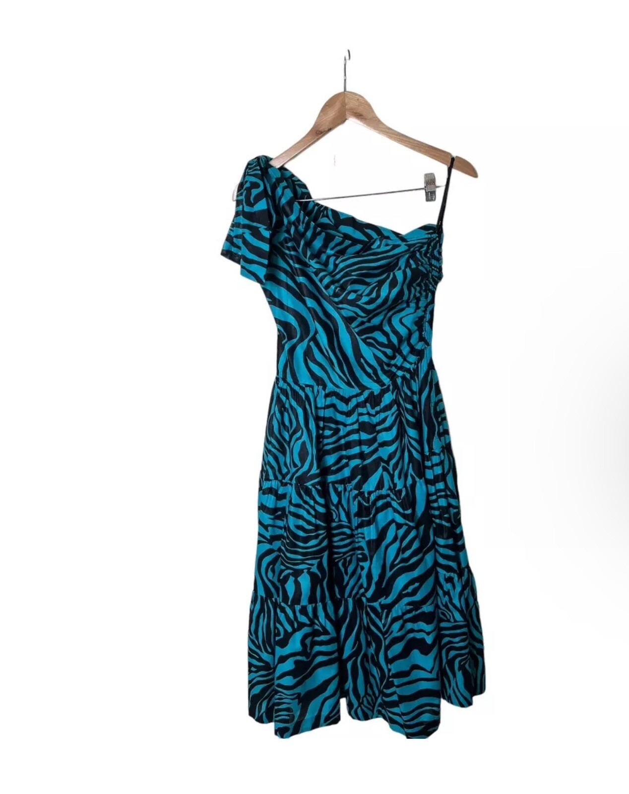 Vintage 70s 80s Mollie Parnis Studio Aqua Black Stripe One Shoulder Dress 2 4