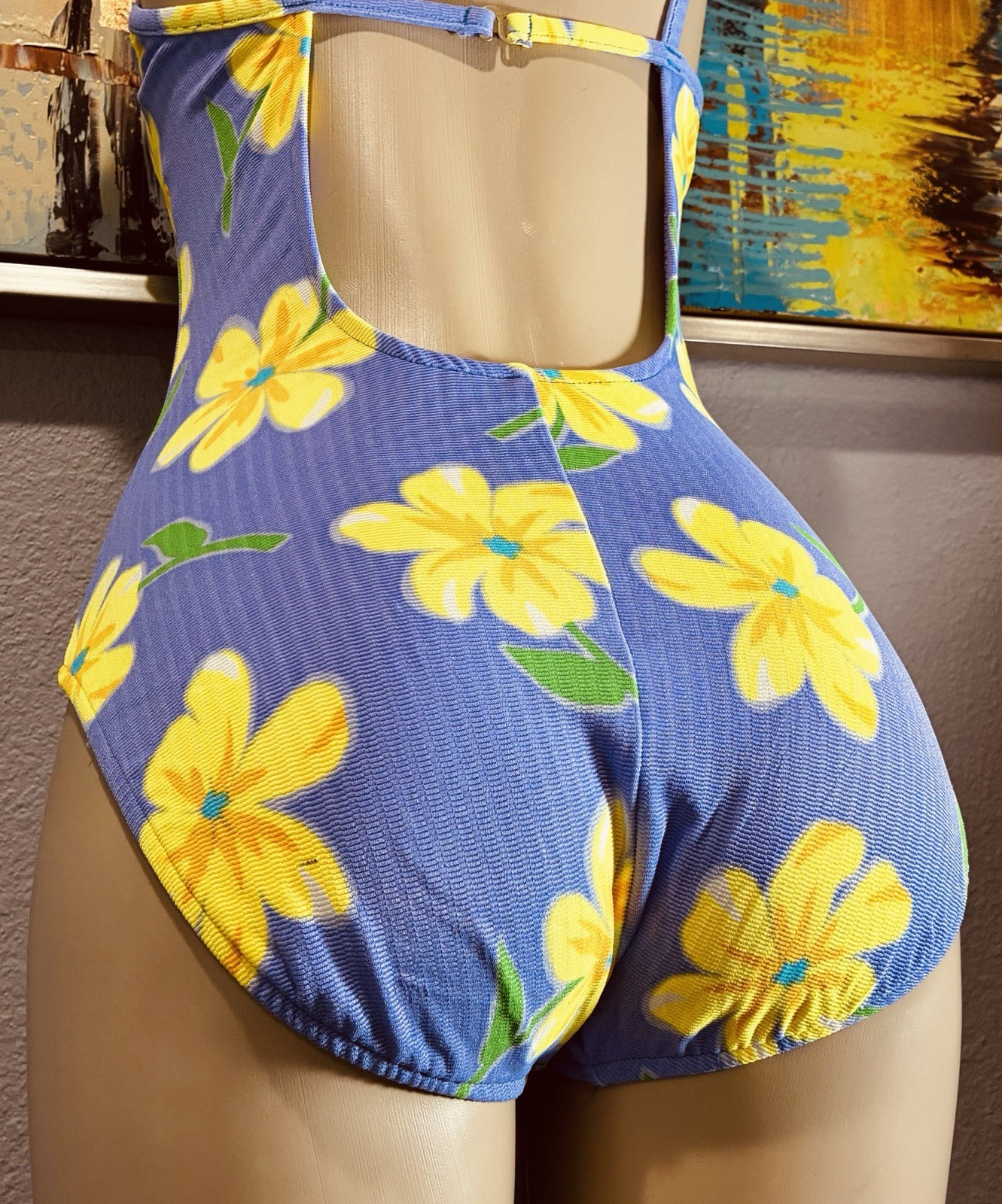 Vtg Yellow Daisy Purple Floral One piece Nylon JANTZEN Swimsuit 12 S