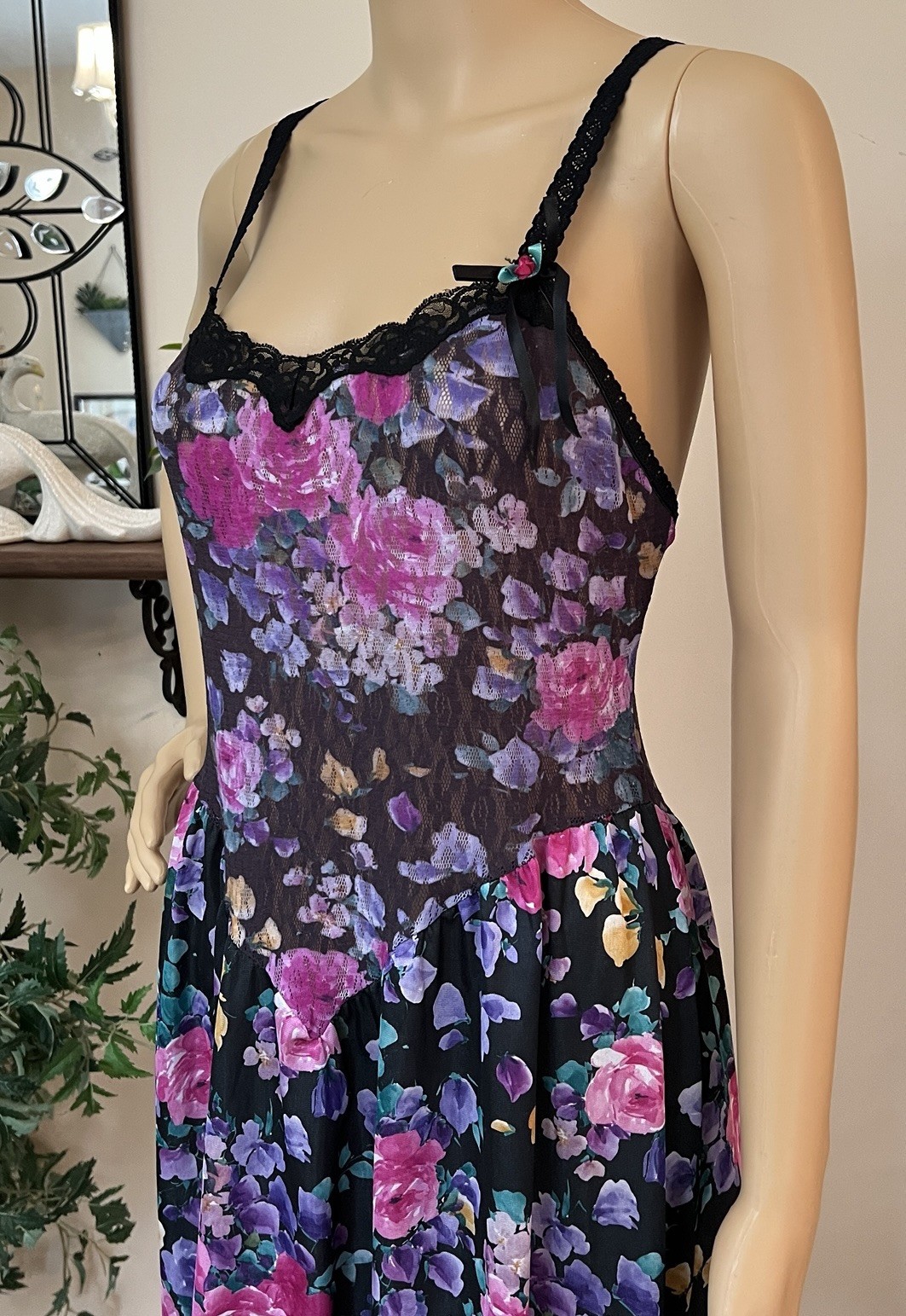 Vtg Feather Bed Intimates Slip Dress M Floral Nightgown Stretch Lace Ballerina
