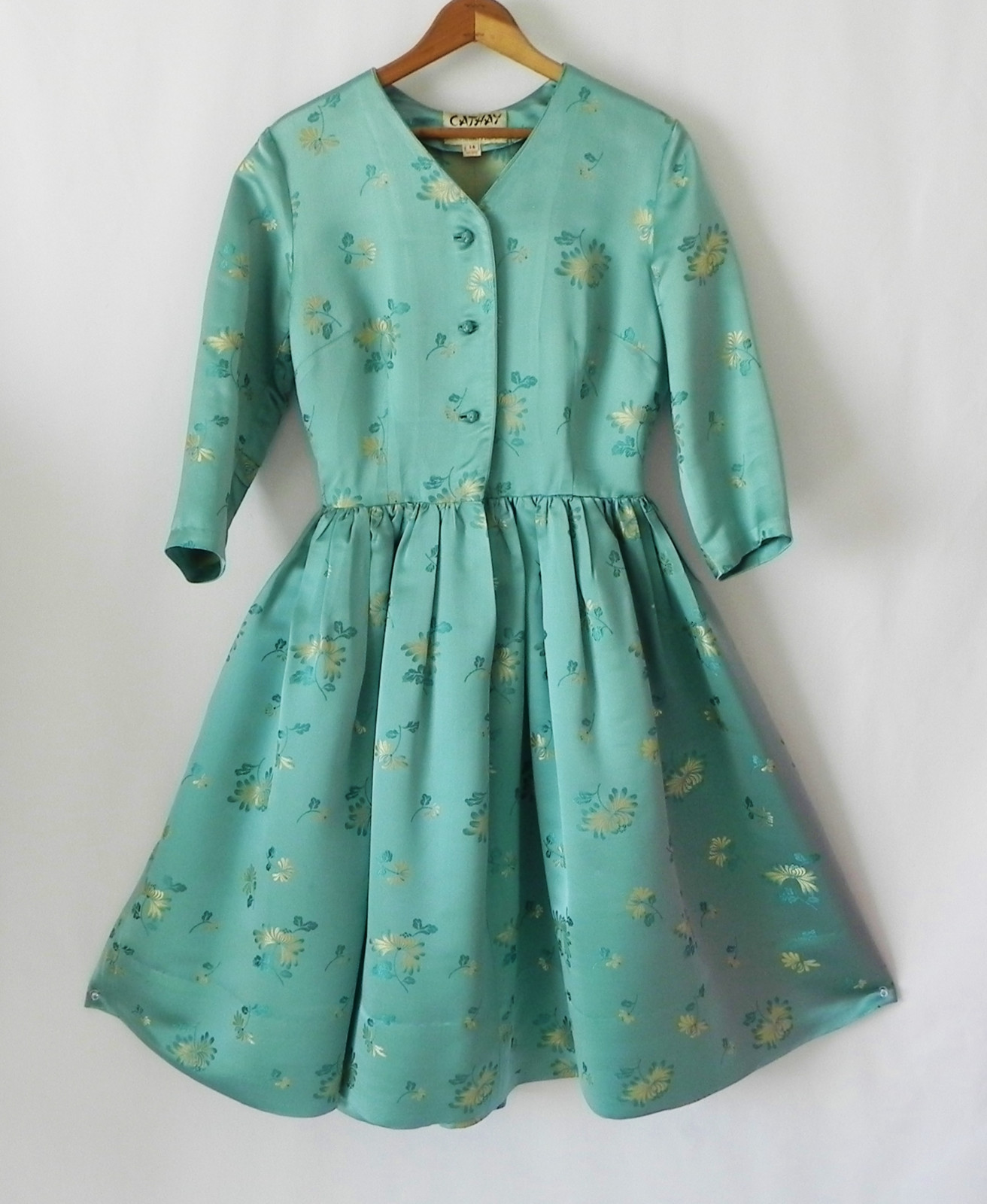 Vtg Cathay 50’s Dress Silk/Rayon Tear Blue Floral Brocade 3/4Sleeve Size S