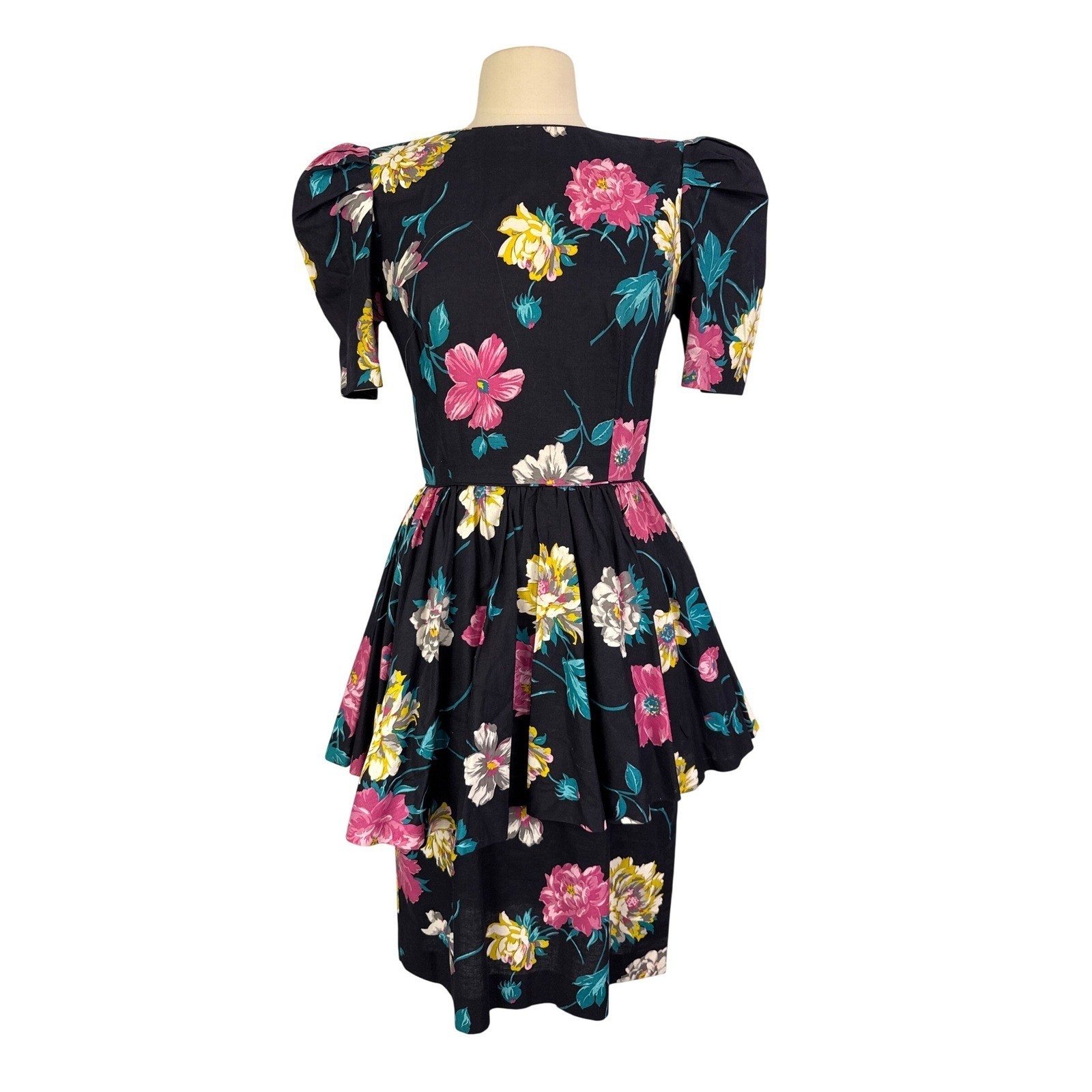 Leslie Lucks Vintage 80s Floral Peplum Dress Black Pink Puff Sleeve 36 bust USA