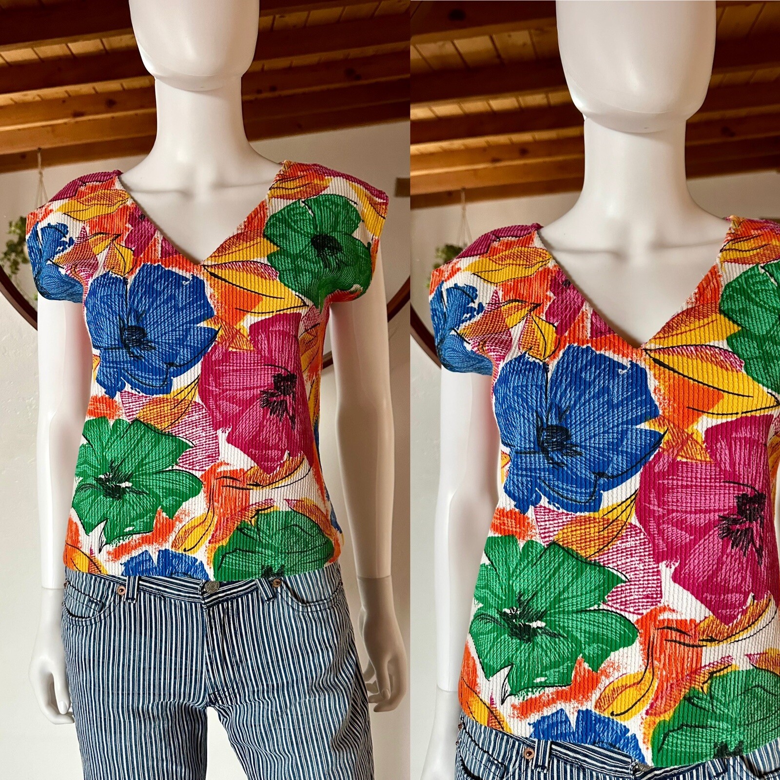 VTG 70’S IRRESISTIBLE II TROPICAL COLORFUL FLORAL PRINT CAP SLEEVE TOP S-M