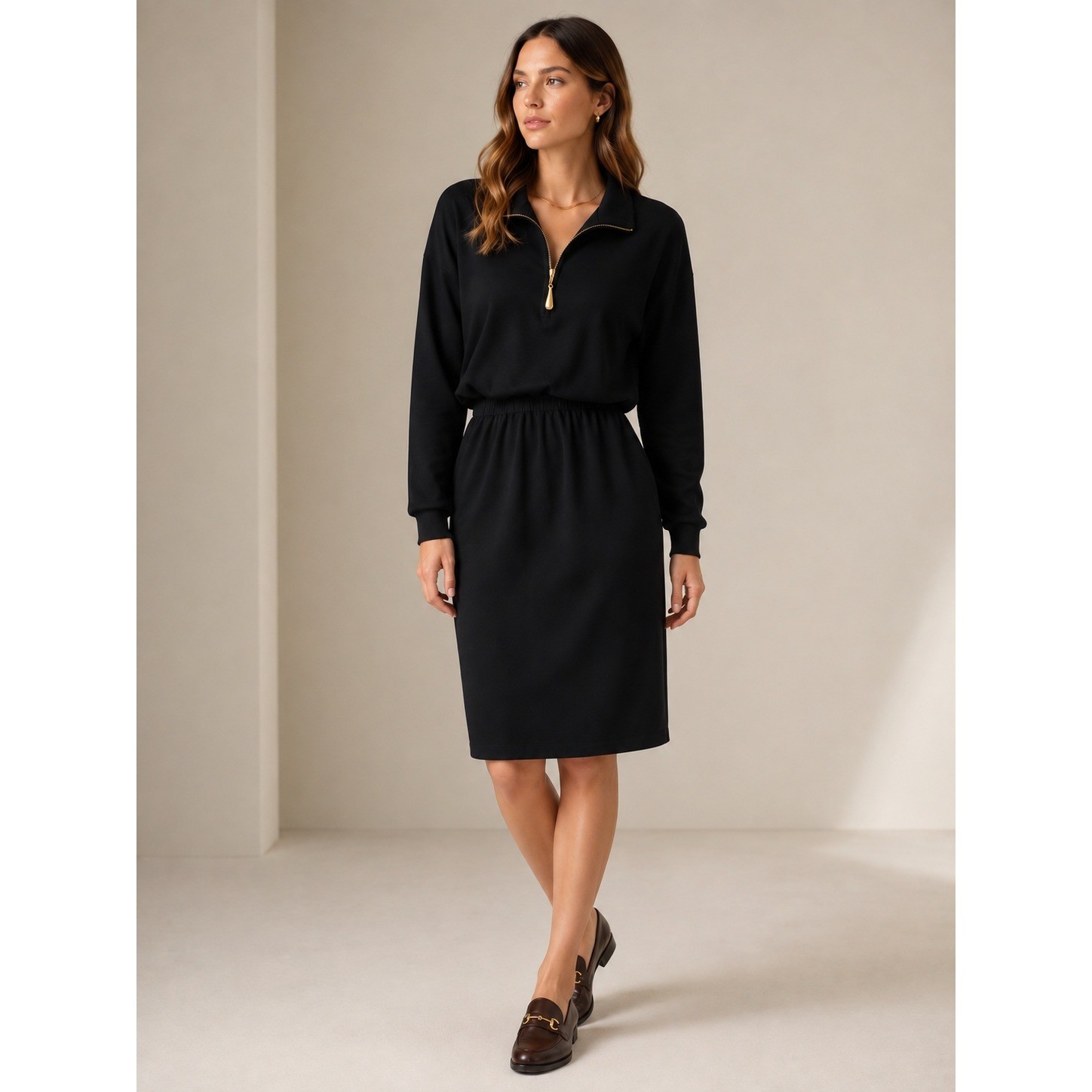 Virgo II Terry Knit Zip Dress Vintage Minimalist Quiet Luxury Black Size 8