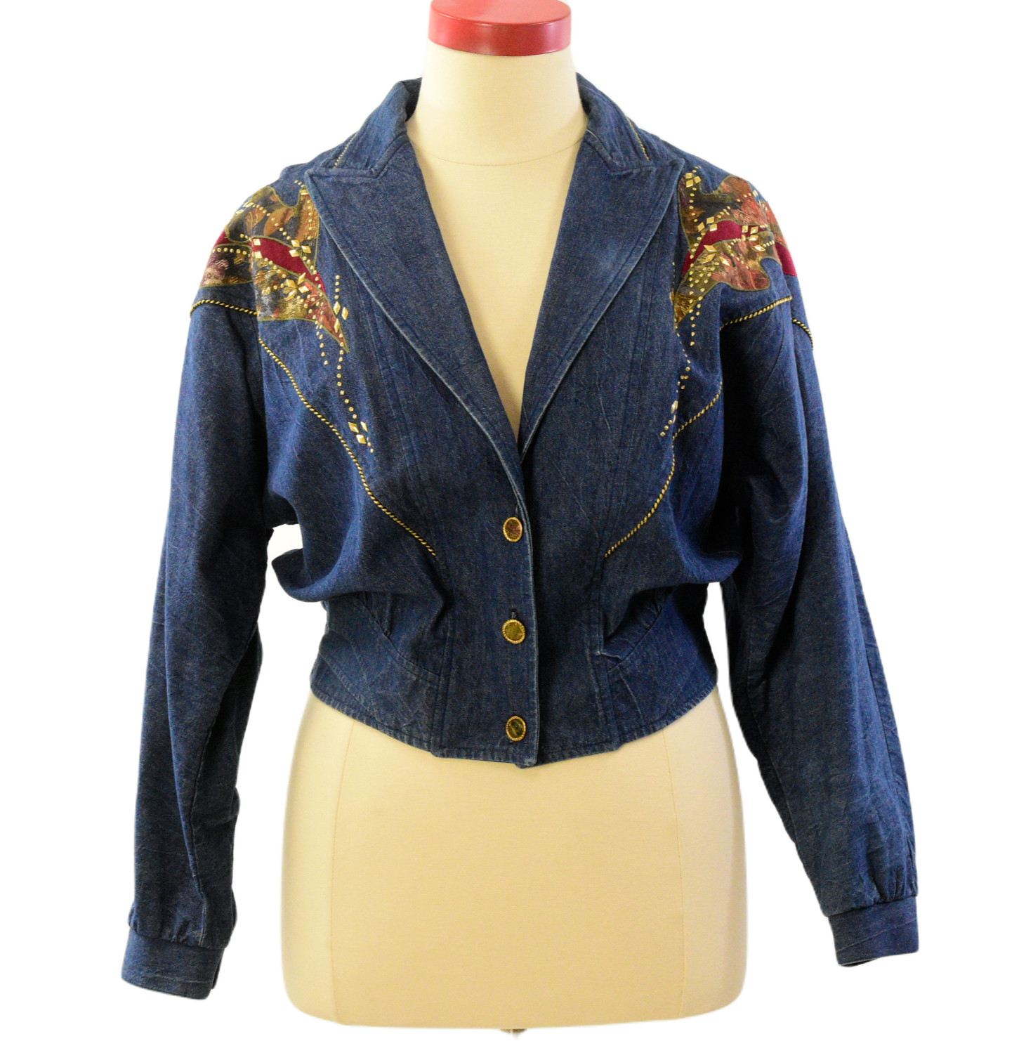 80s Vintage City Girl Denim Blazer Womens L Western Studded Cropped Jacket Boho