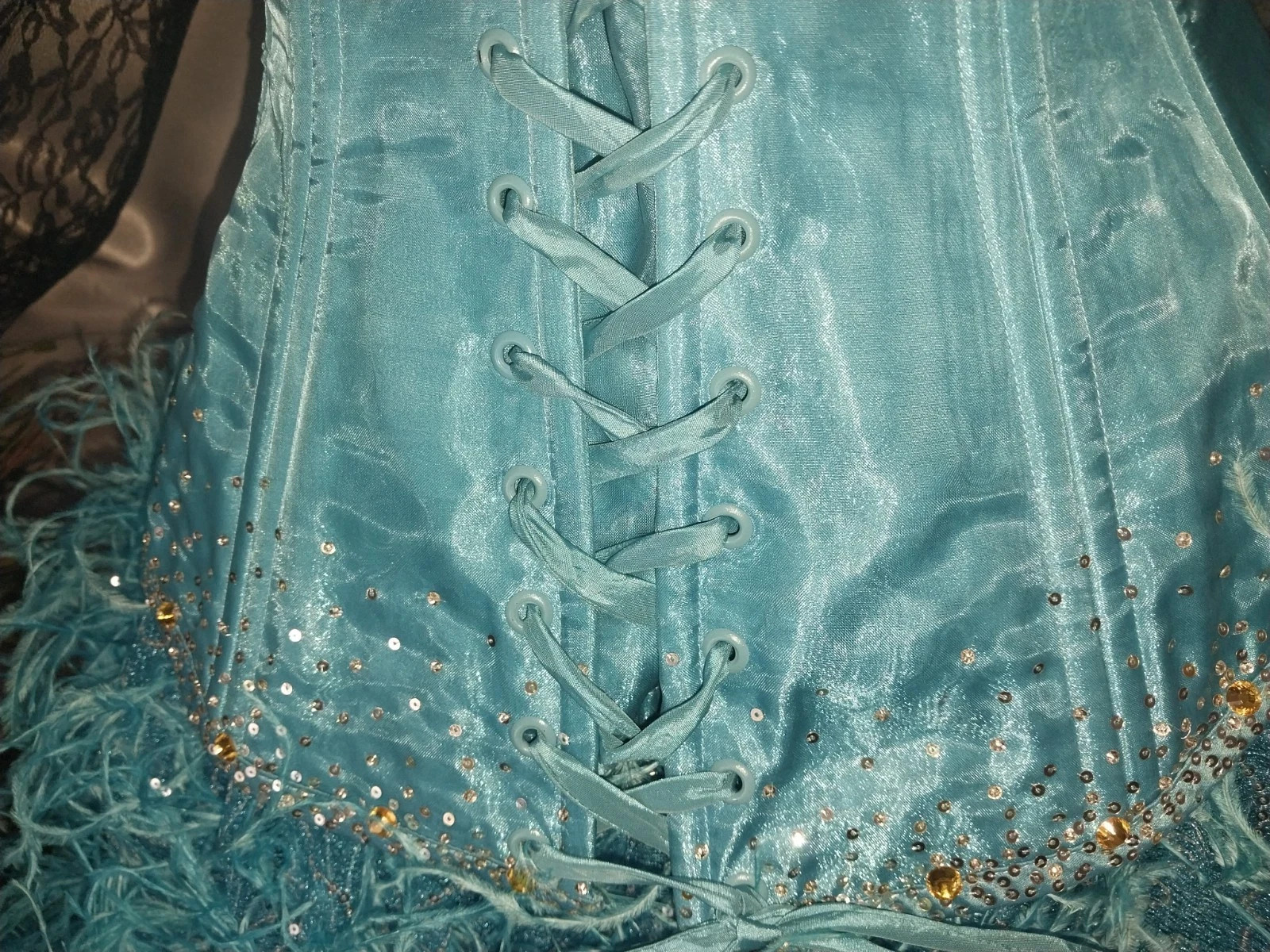 VTG Satin Burlesque Corset SHOW GIRL Skirt Set Drag AVANT La Cage Blue Dress