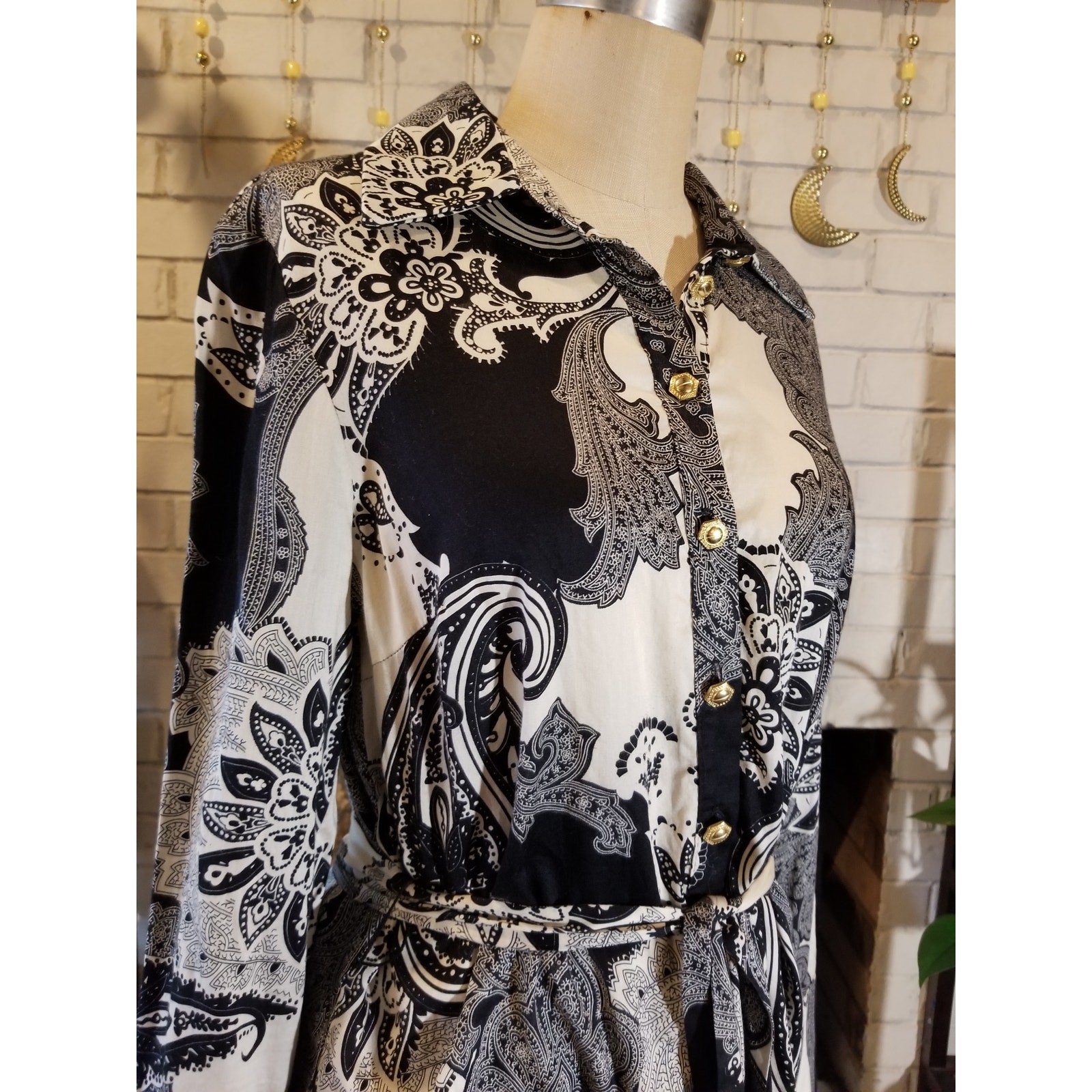 Single Dress Galina Sobolev Black White Paisley Dagger Collar Tunic Dress L
