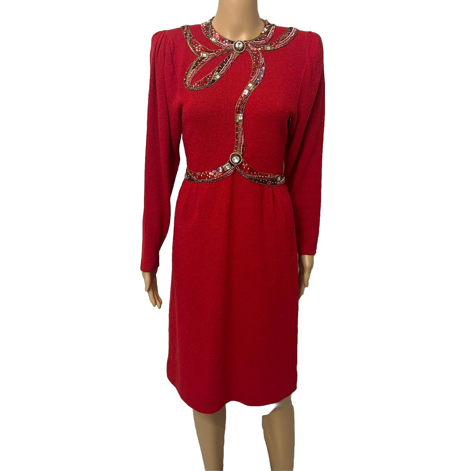 Pat Sandler for Wellmore Vintage 80’s Red Wool Blend Knit Sequin Zip Dress Sz 6