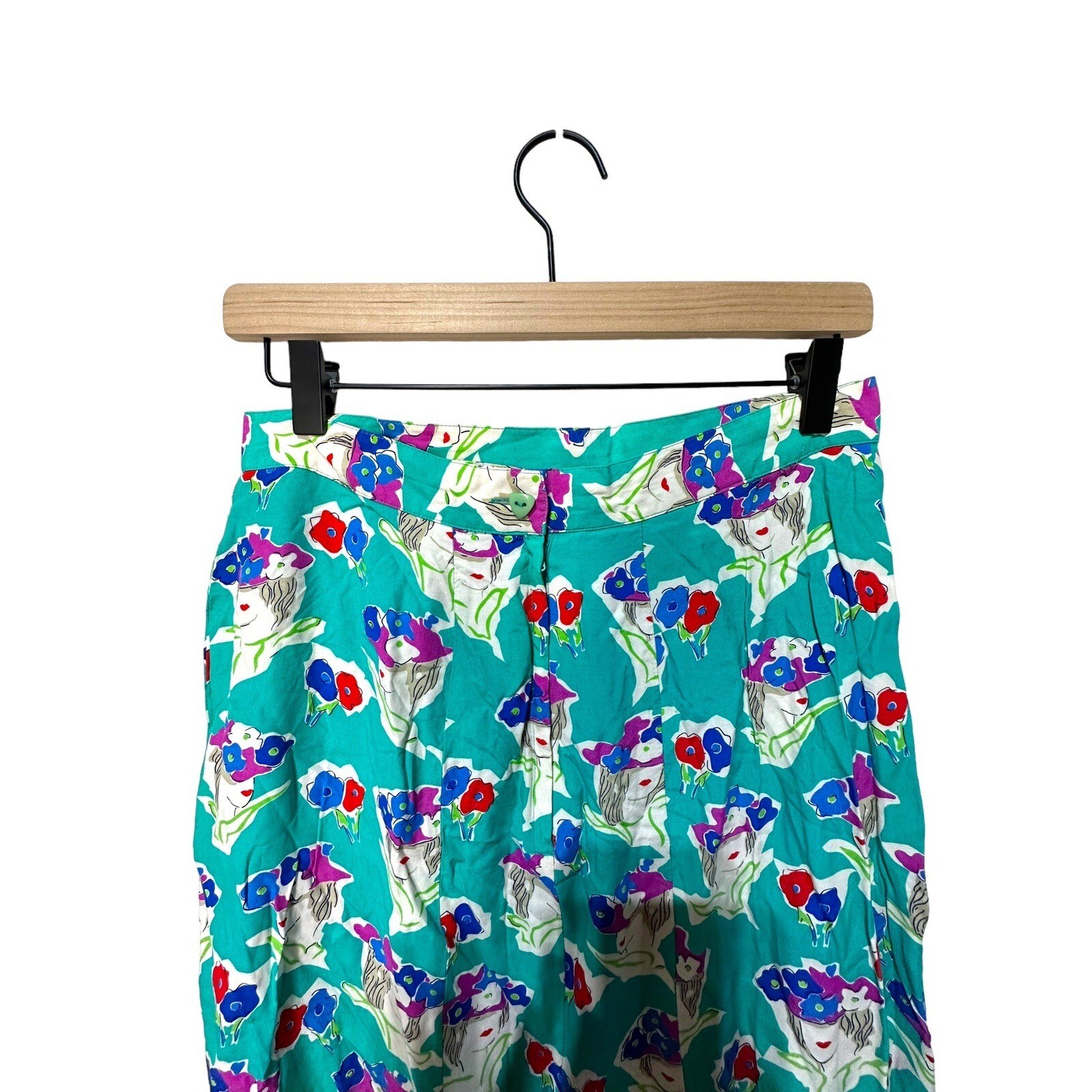 K & Company Vintage Teal Rayon Novelty Print Women Floral Hat Midi Skirt M