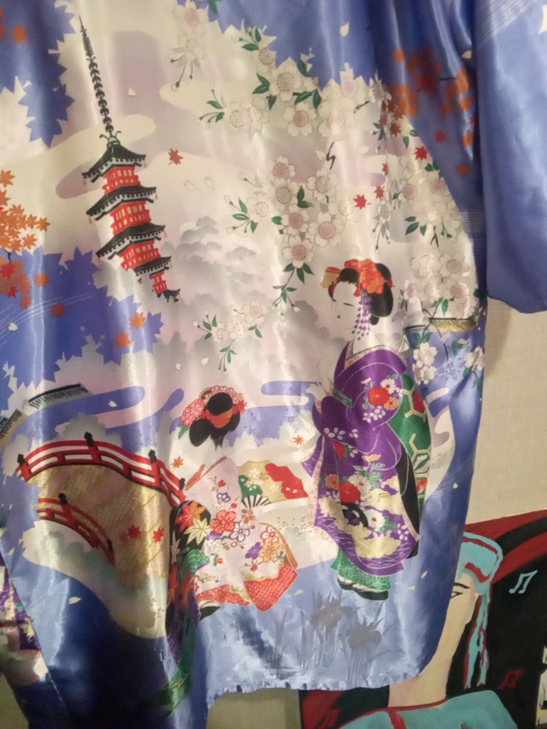 Kimono Robe Floral Large+Multicolor Loungewear Wrap-Around Polyester Japan Sz 42