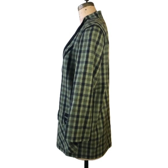 Vintage 90s wool checkered olive green and black blazer jacket, Plus size XL