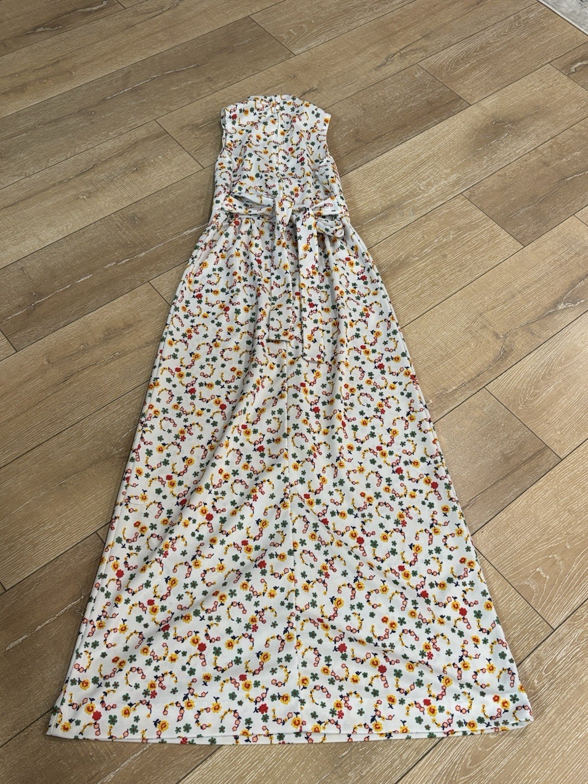 VTG 70s Gay Gibson Floral Maxi Dress Mock Neck Keyhole Sleeveless Cutout Small 9