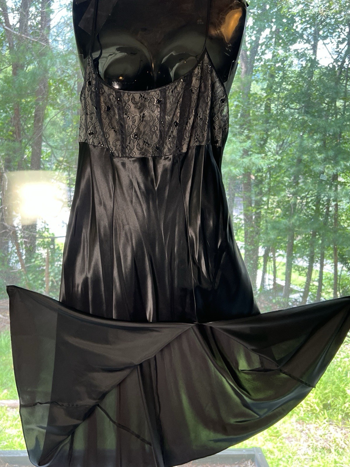 VTG sequin bias cut Silky Cacique Long BLACK EMPIRE SPLIT LINGERIE NIGHT GOWN L
