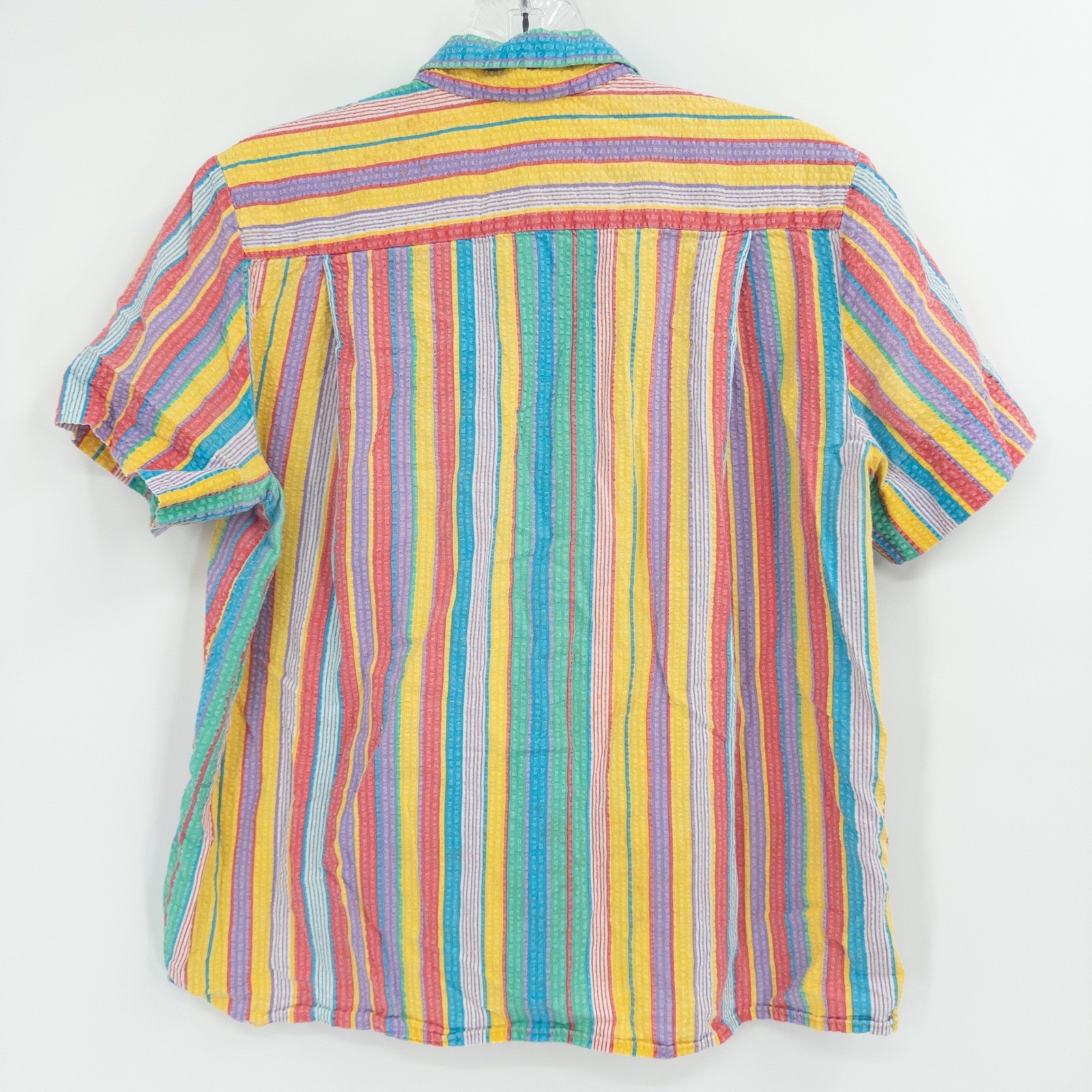 Vintage 90s Rainbow Top Womens XL Seersucker Striped Boxy Cropped Dopamine Color