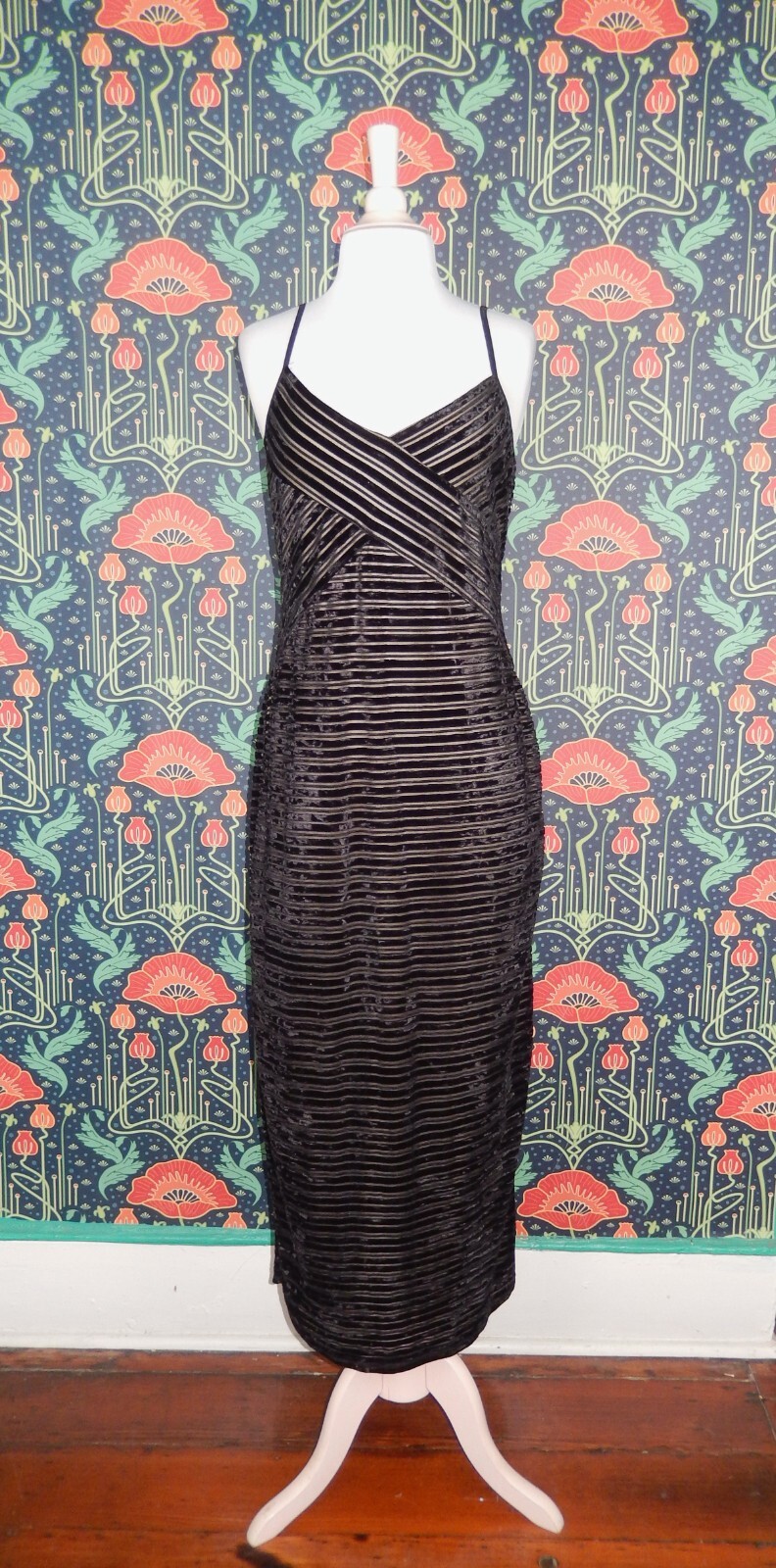 Vintage 90’s Y2K Goth Grunge Whimsigoth Black Beige Striped Velvet Slip Dress