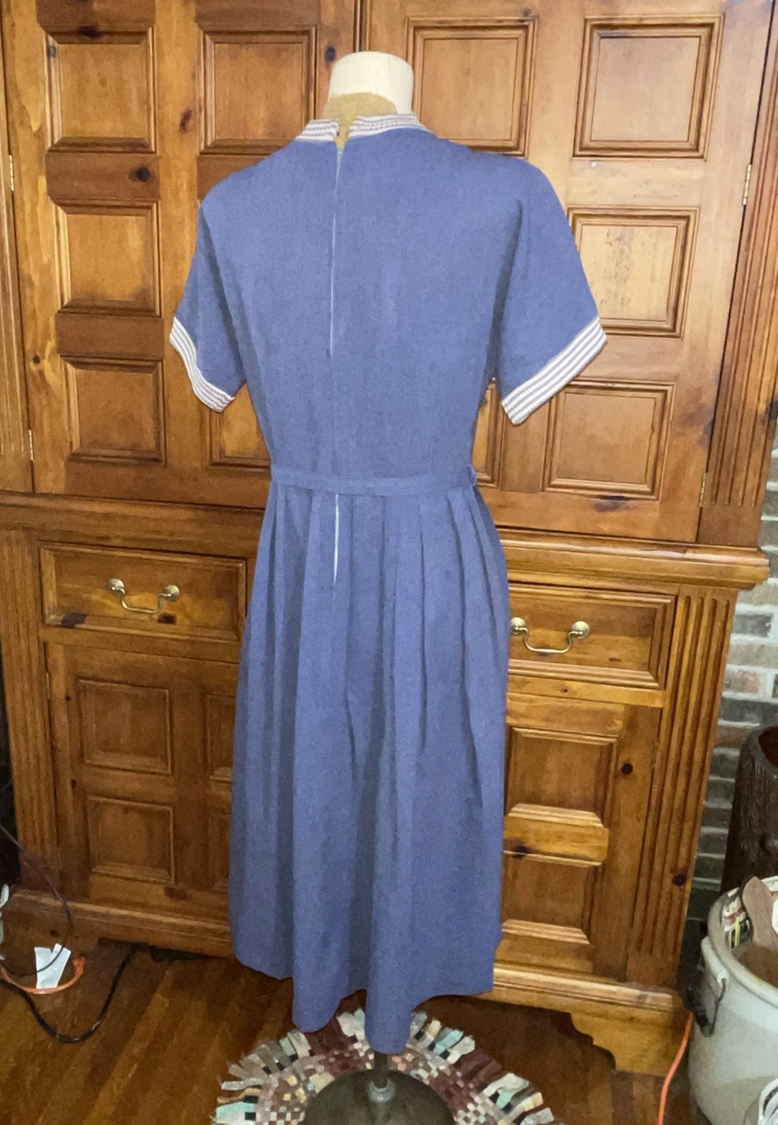 Vtg 30s 40s 50s Chambray Denim Gabardine House Dress M Striped Knit Collar Belt
