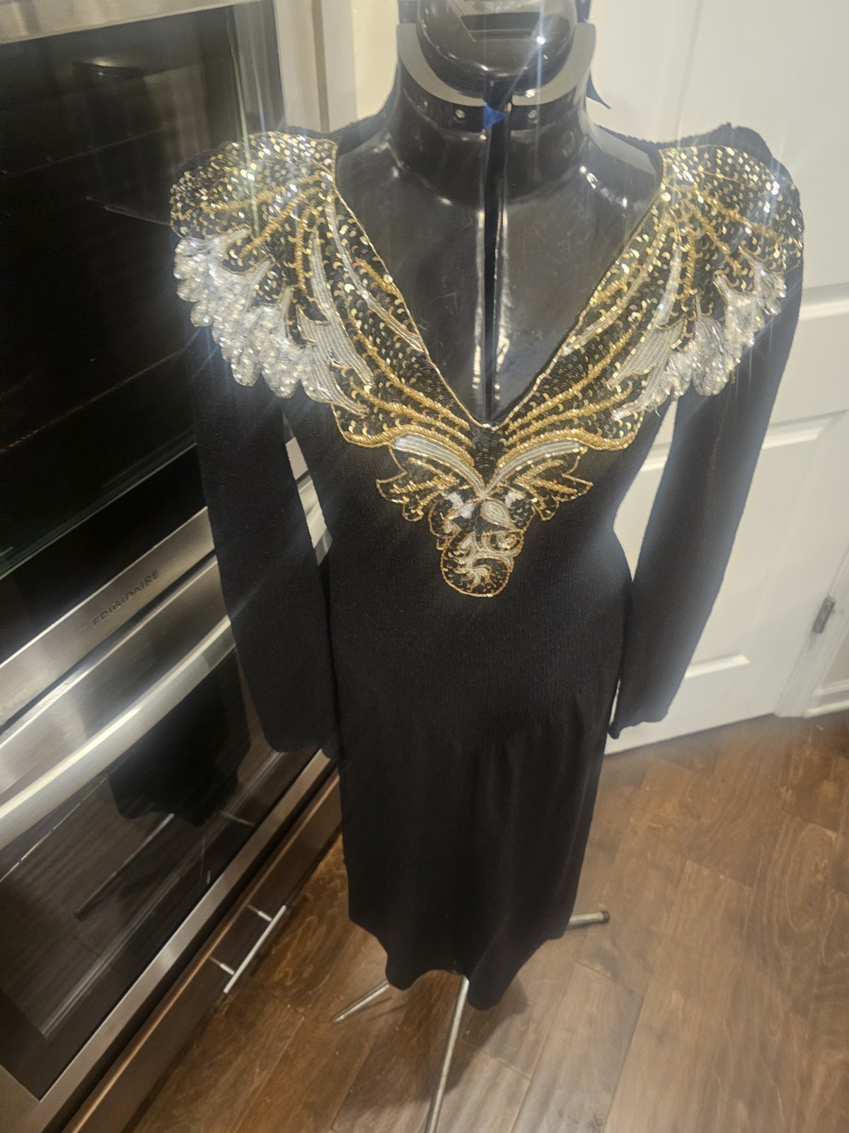 Vintage 80’s Pat Sandler For Wellmore Beaded Sequin Black And Gold Sweater Long