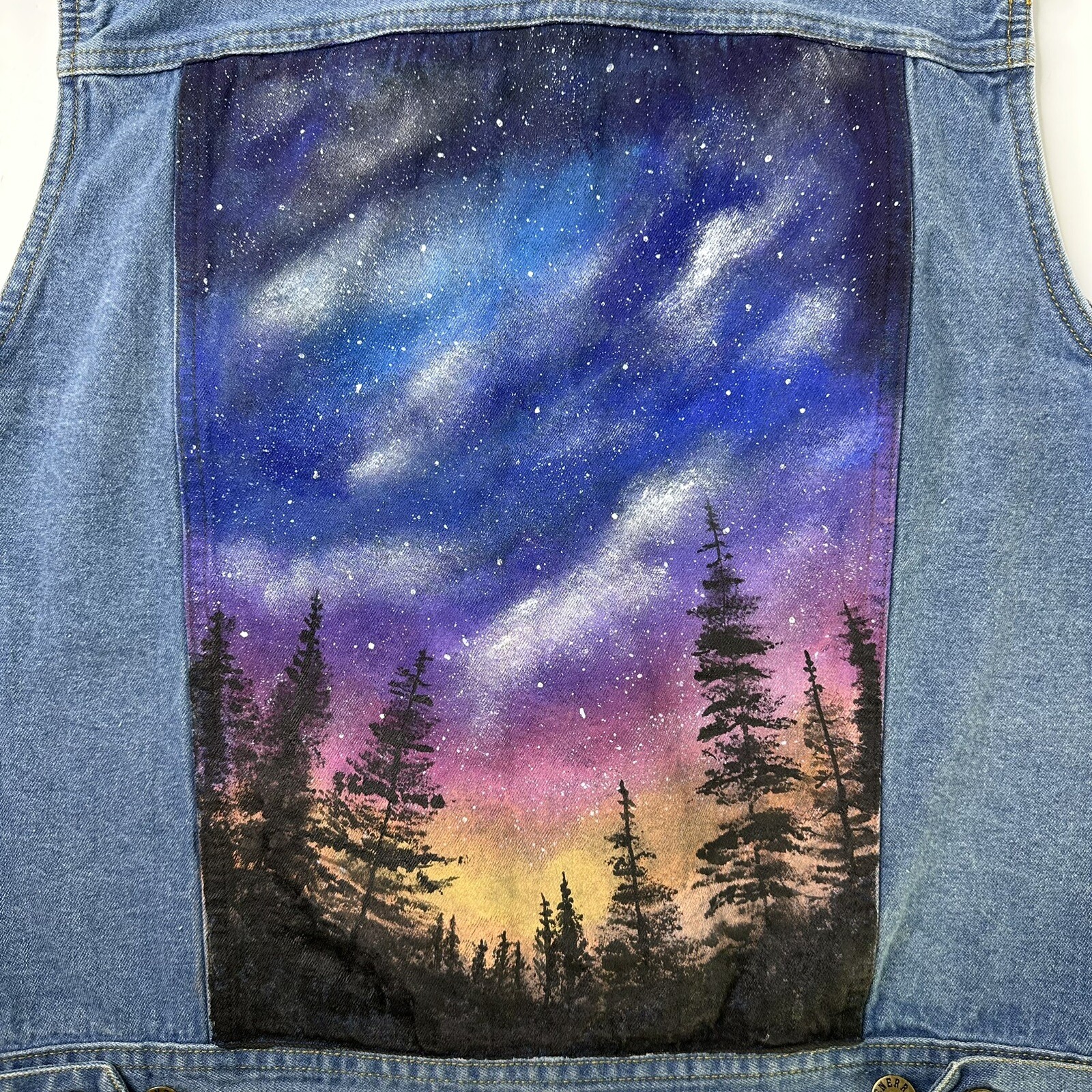 Vintage Hand Painted Denim Vest Womens Size M Forest Stars Generra Art To Wear