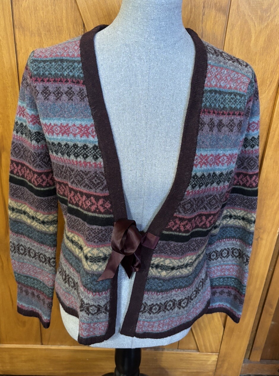 Vintage Tweeds 100% Lambs Wool Sweater Size M Striped Purple Winter Tie Front