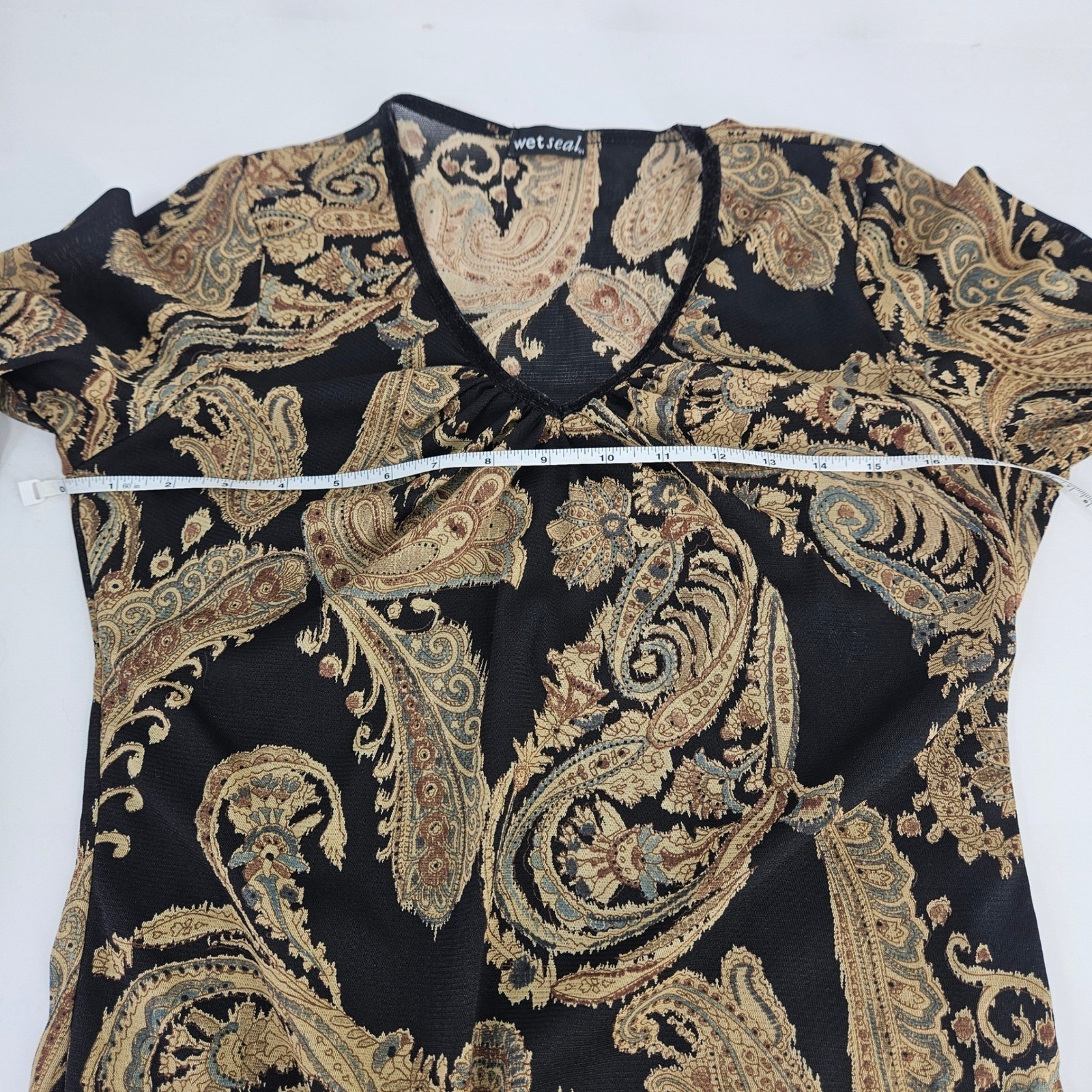 Wet Seal Vtg Y2K Paisley Mesh Long Bell Sleeve Top Black Gold Velvet Curl Trim L