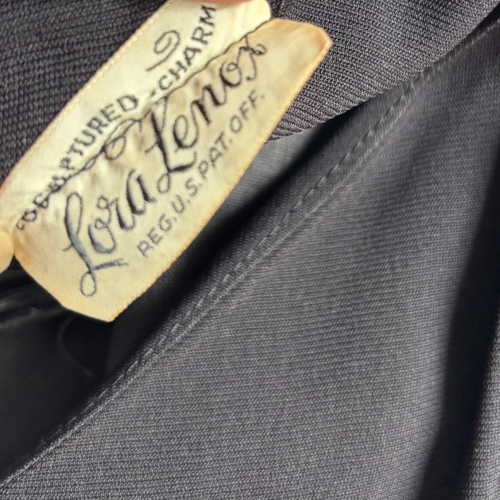 Vintage 1950s Lora Lenox Little Black Sheath Dress LBD with Satin Flower
