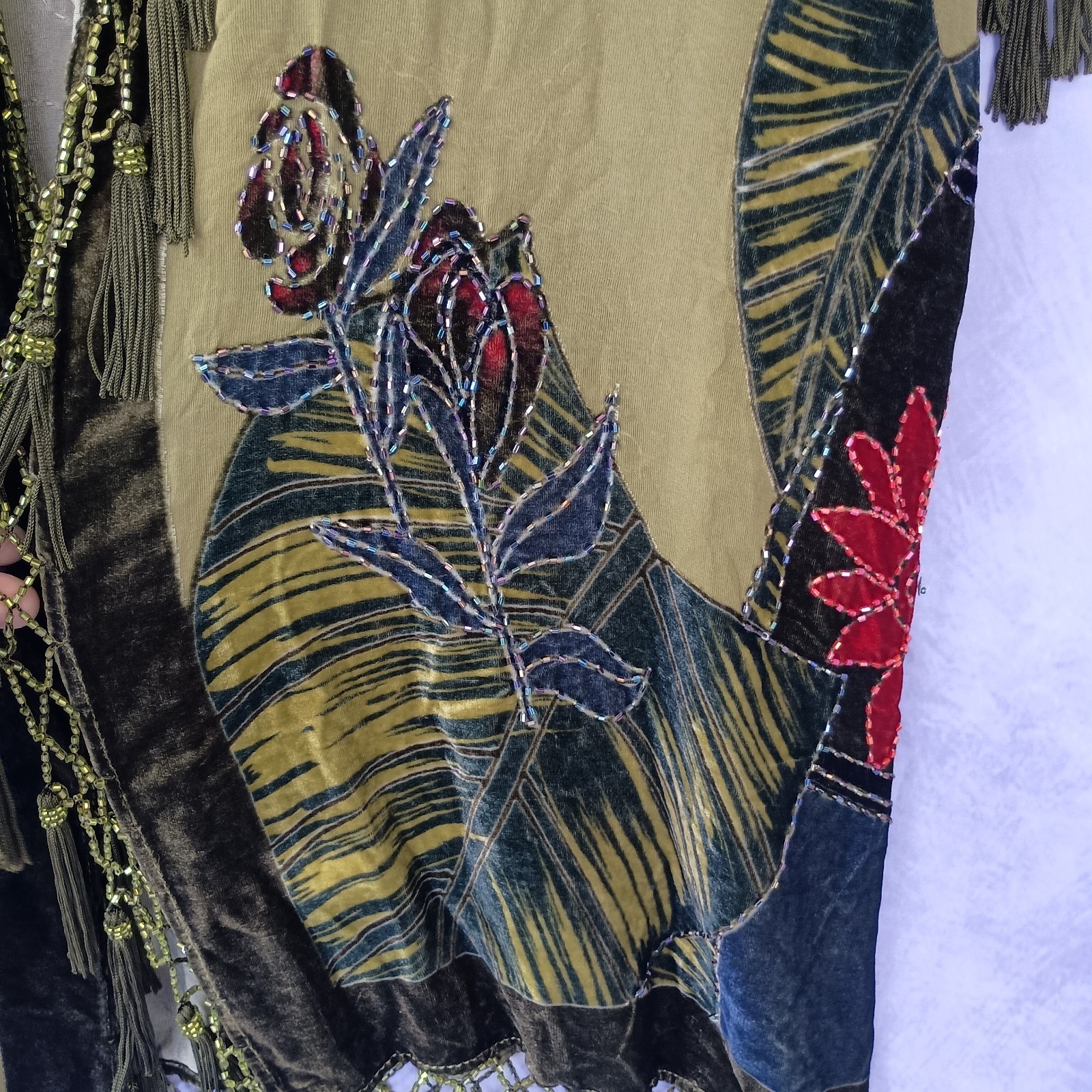 Chico’s Vintage Olive Silk Velvet Burnout Tassel Beaded Kimono