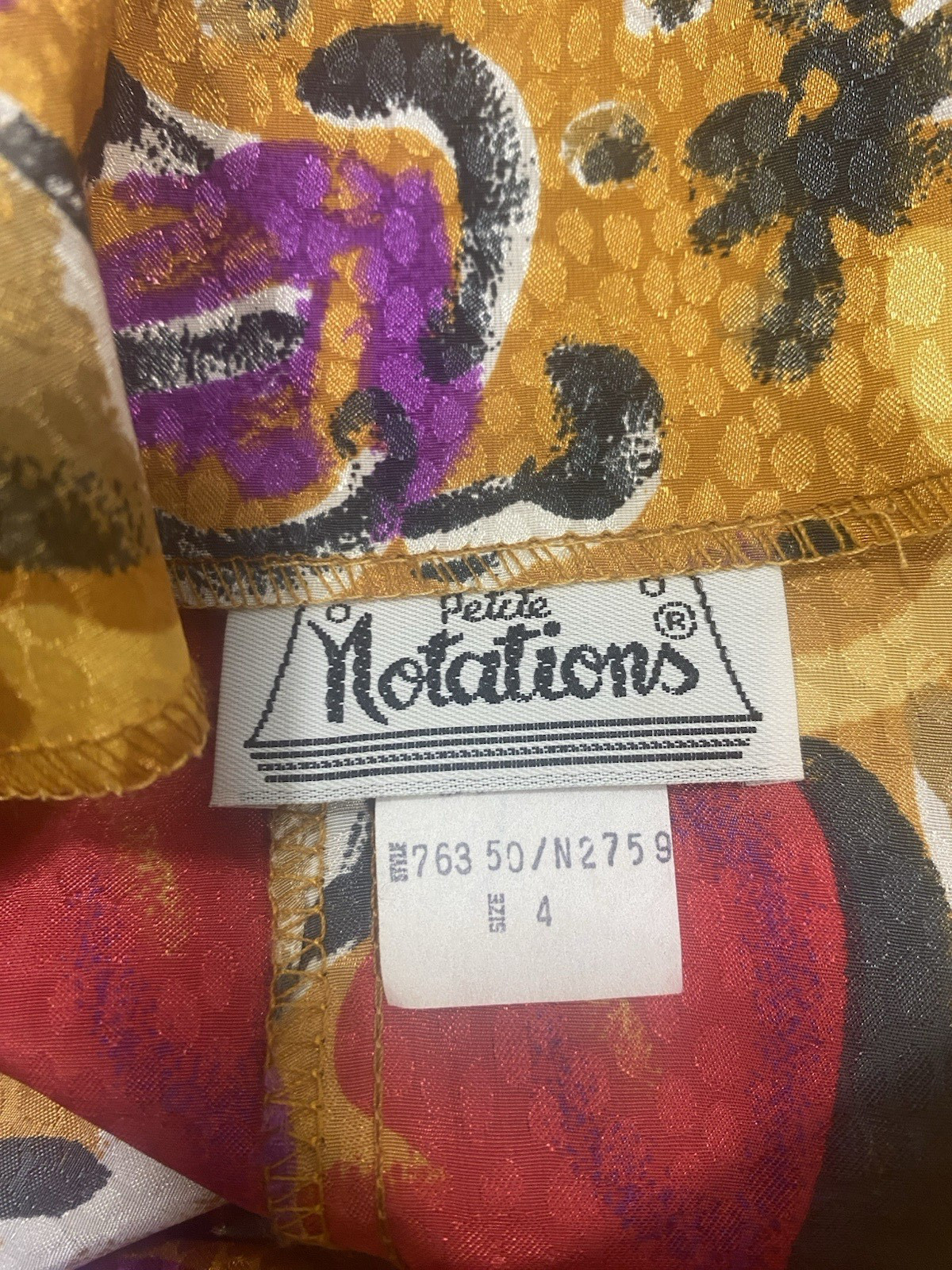 Vintage Blouse SIZE 4 XS PETITE gold red purple floral NOTATIONS 80s 90s