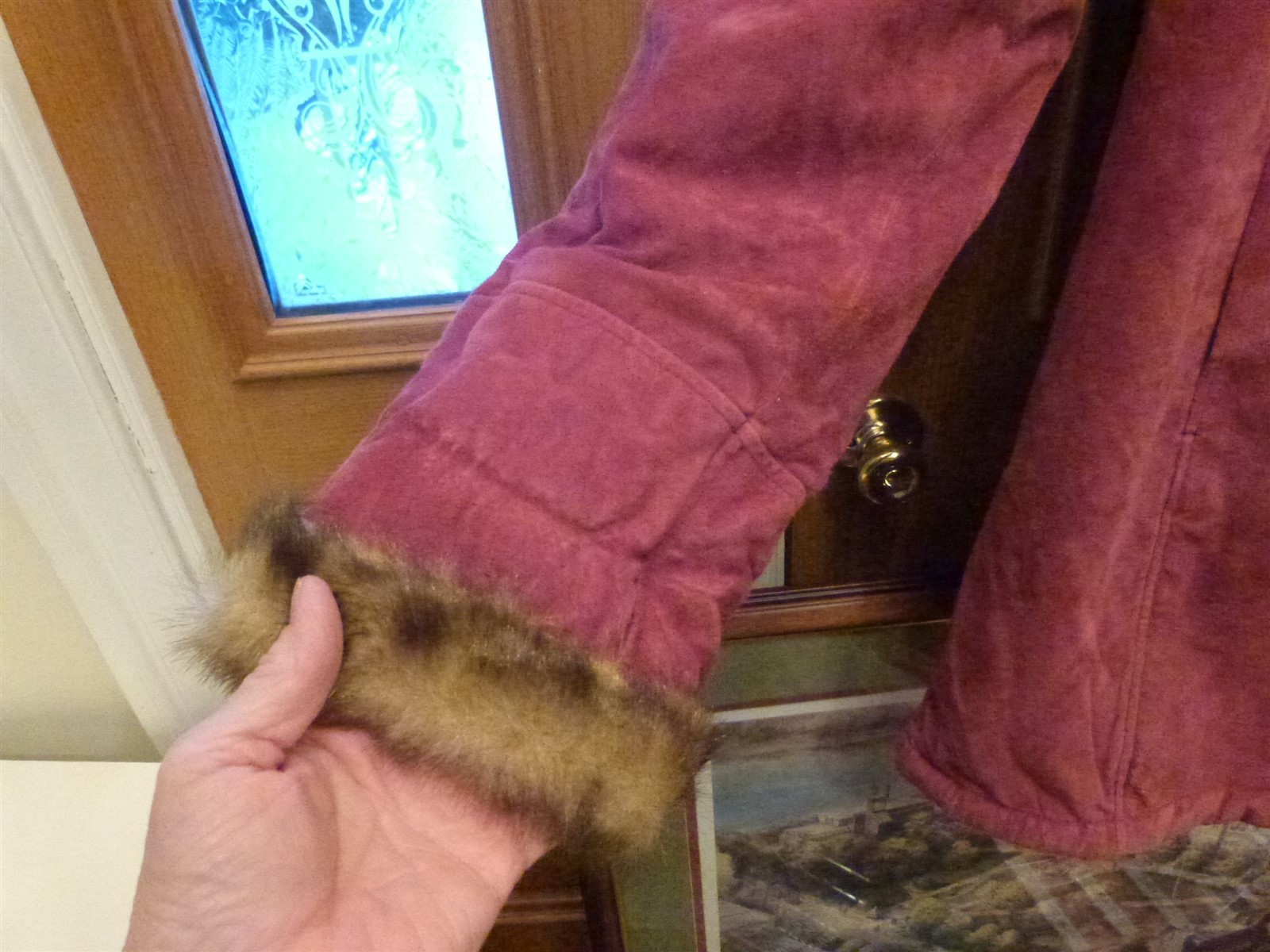 Dennis Basso suede coat vintage 1990s faux fur red Burgundy Maroon wine hood W L