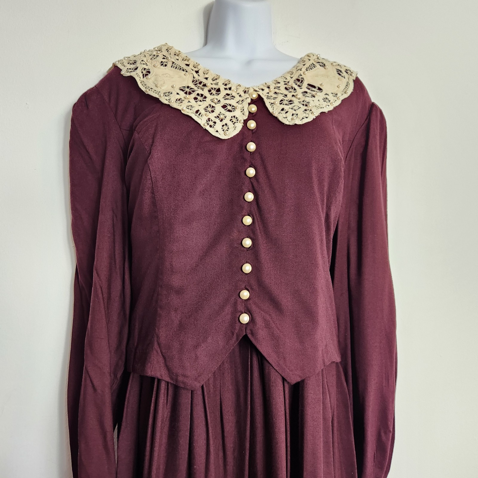 Vintage Plaza South Plus 20W Burgundy Prairie Midi Dress Lace Collar Cottagecore
