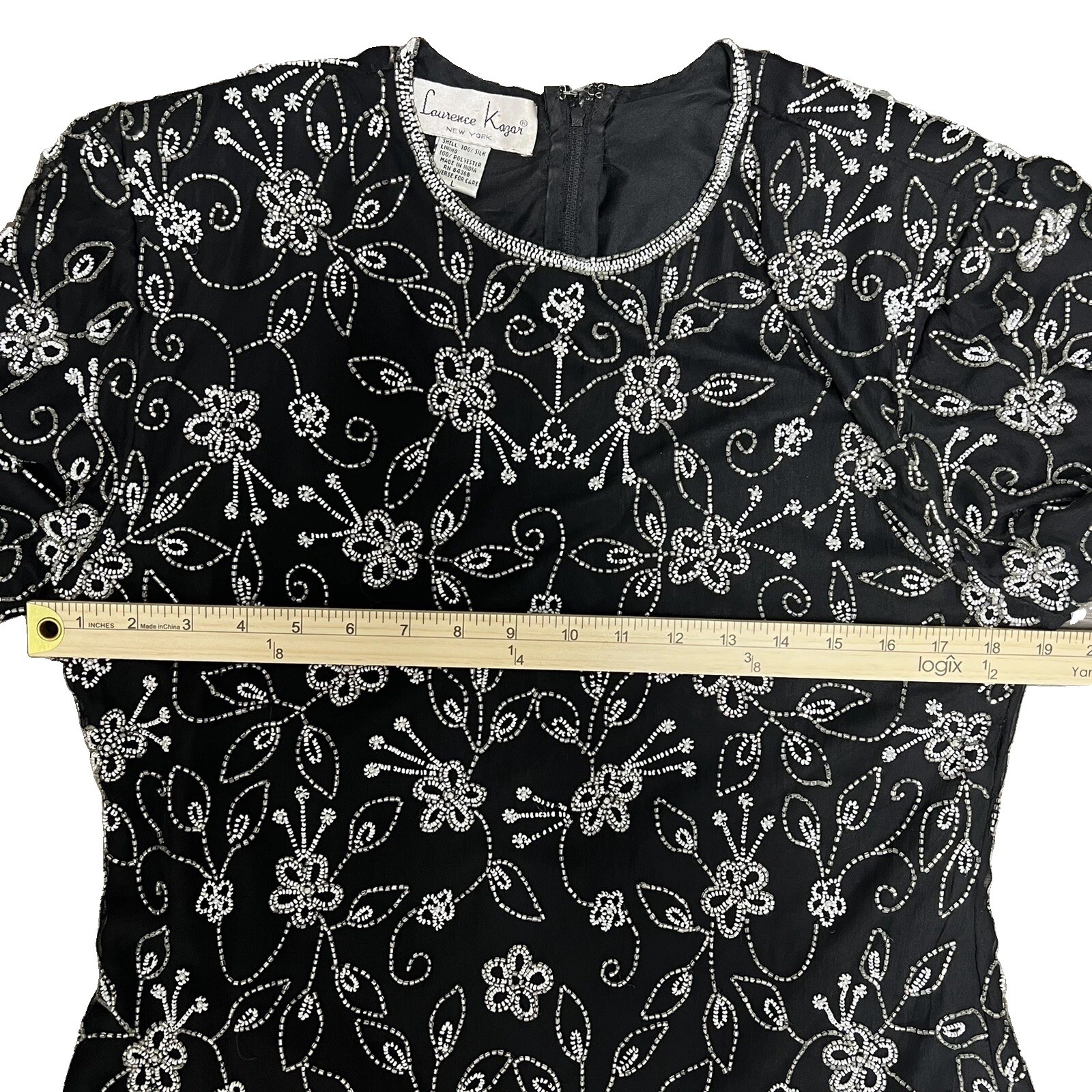 Vtg Laurence Kazar New York Evening Top Large Black Silver White Beaded Sequin