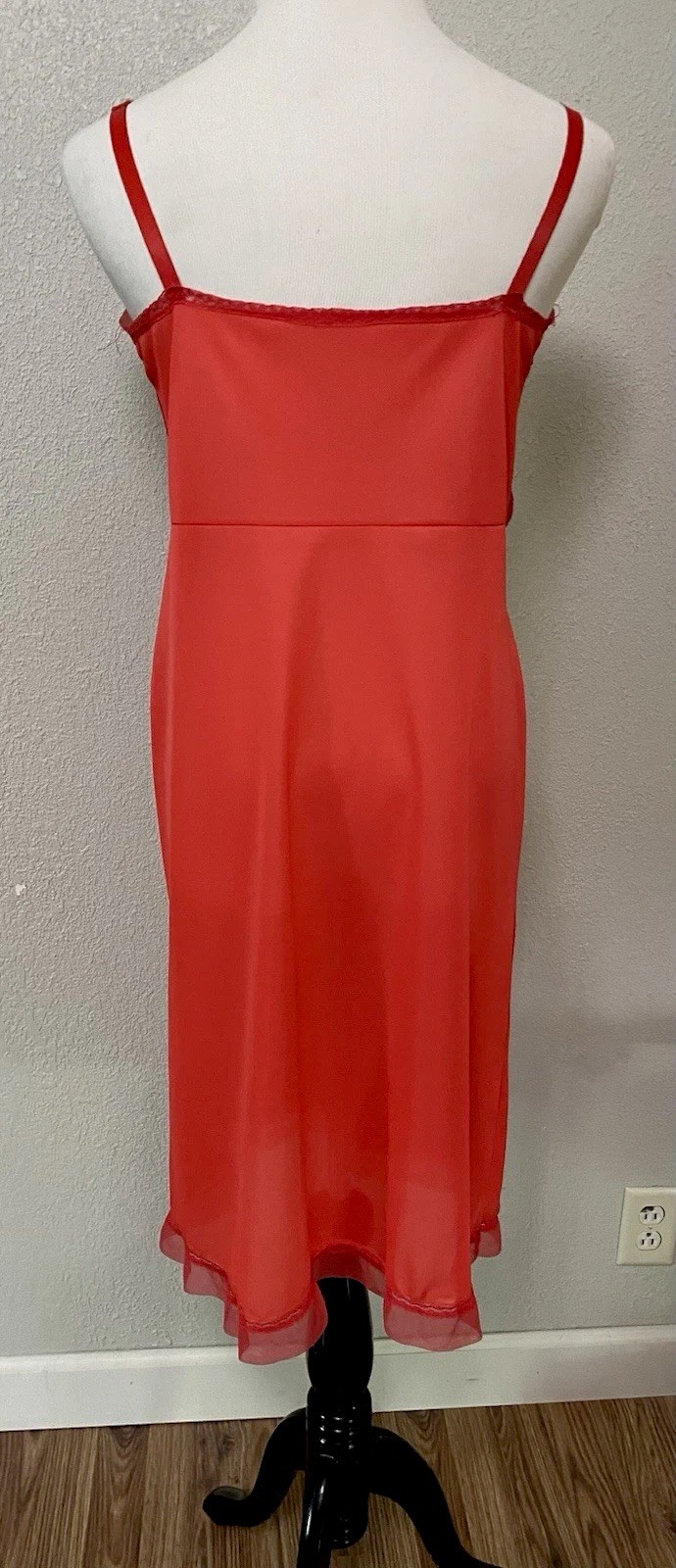 Vintage 1950s Red Rockabilly Chiffon & Lace Full Slip Nylon Sz 38 35 40