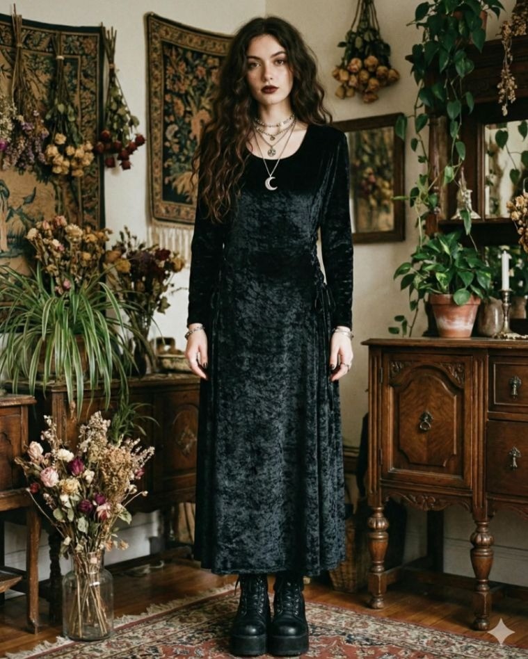 Vintage 1990s Grunge Black Velvet Midi Dress Side Tie Corset Witchy Vampy Large