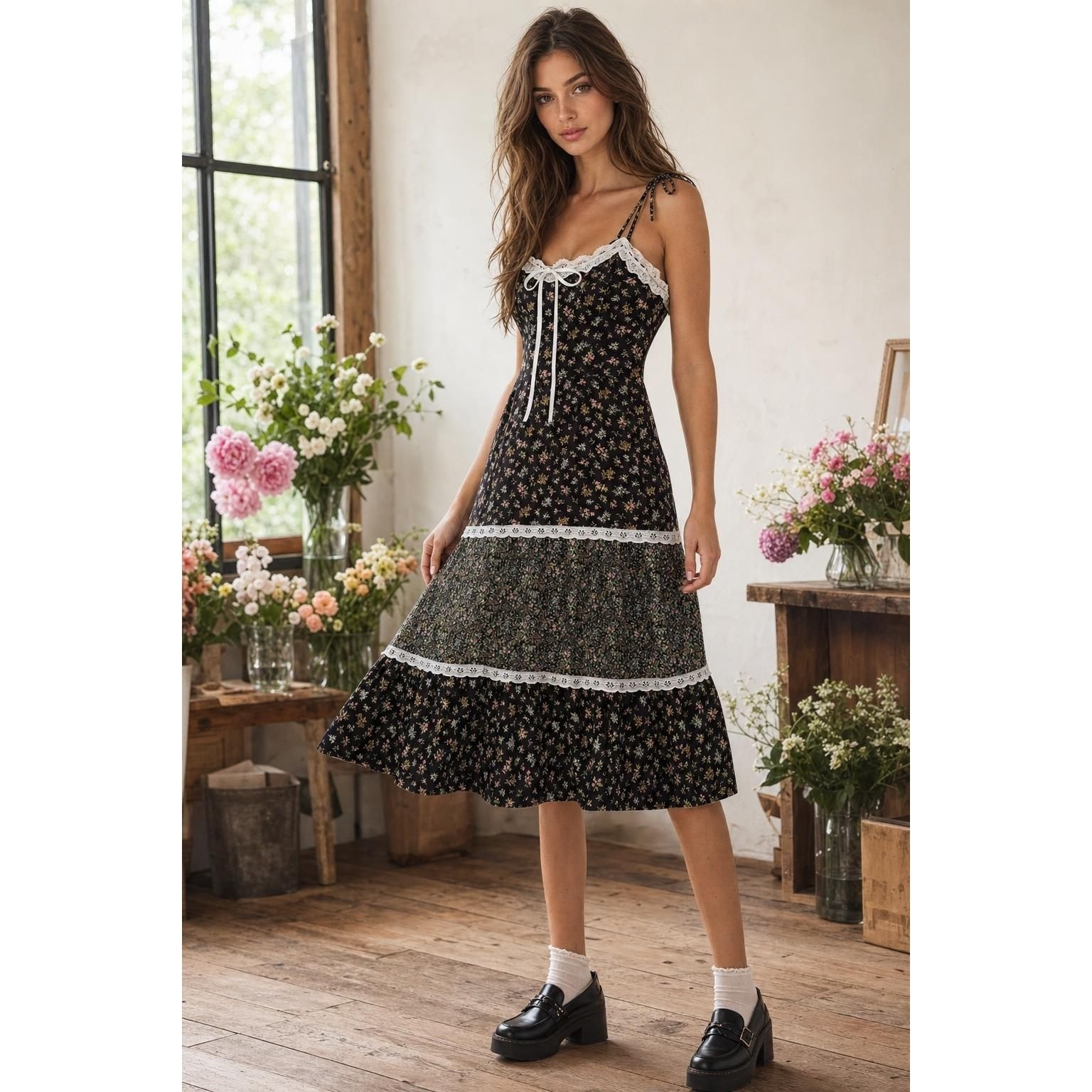 Vintage Newport Fashions Dress Women’s 5 Ditsy Floral Lace Cottagecore Prairie