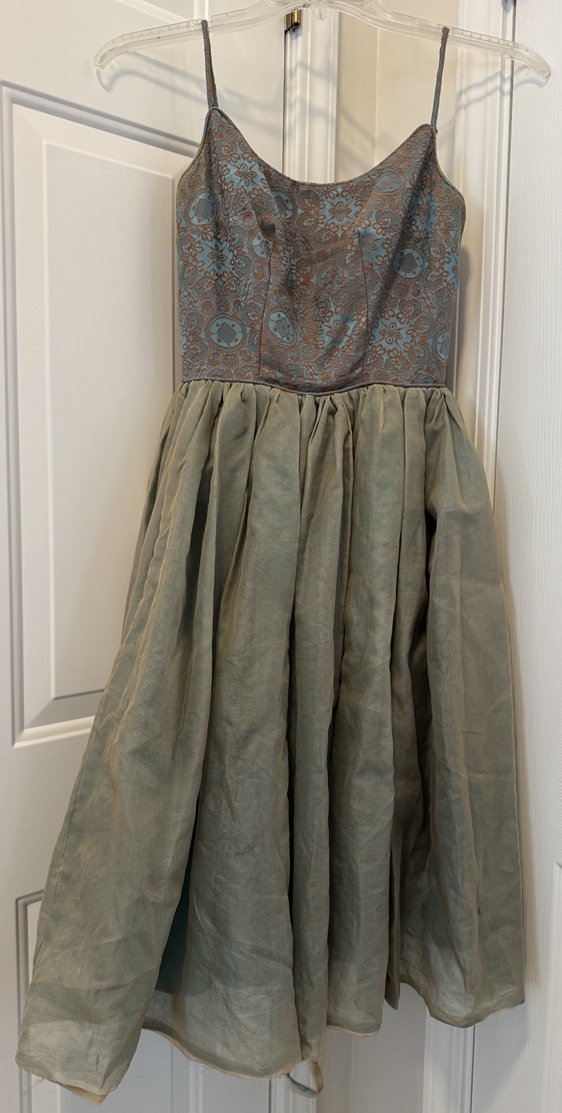 As is 1950’s Cocktail Dress Blue Copper Brocade Top & Iridescent Chiffon Skirt