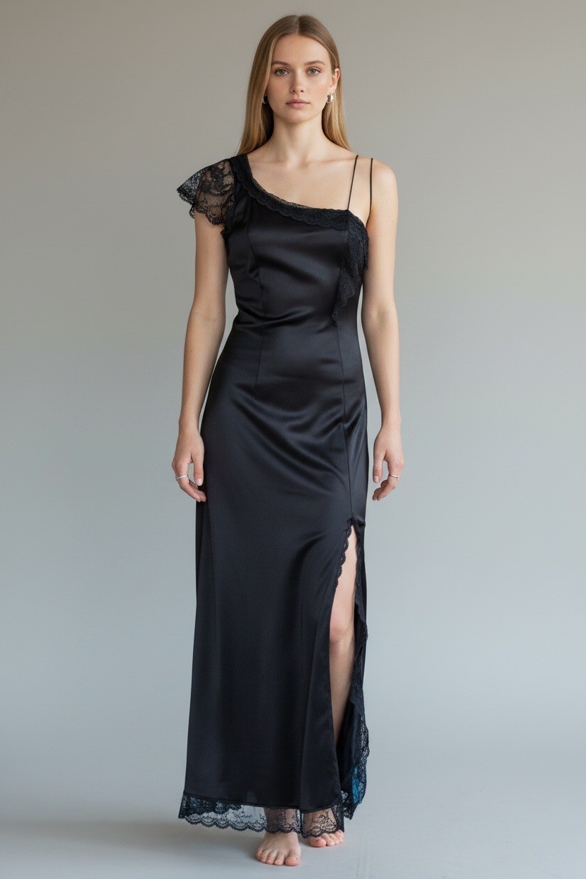90s Dark Romantic Asymmetrical Black Negligee Slip Dress Nightgown | XS