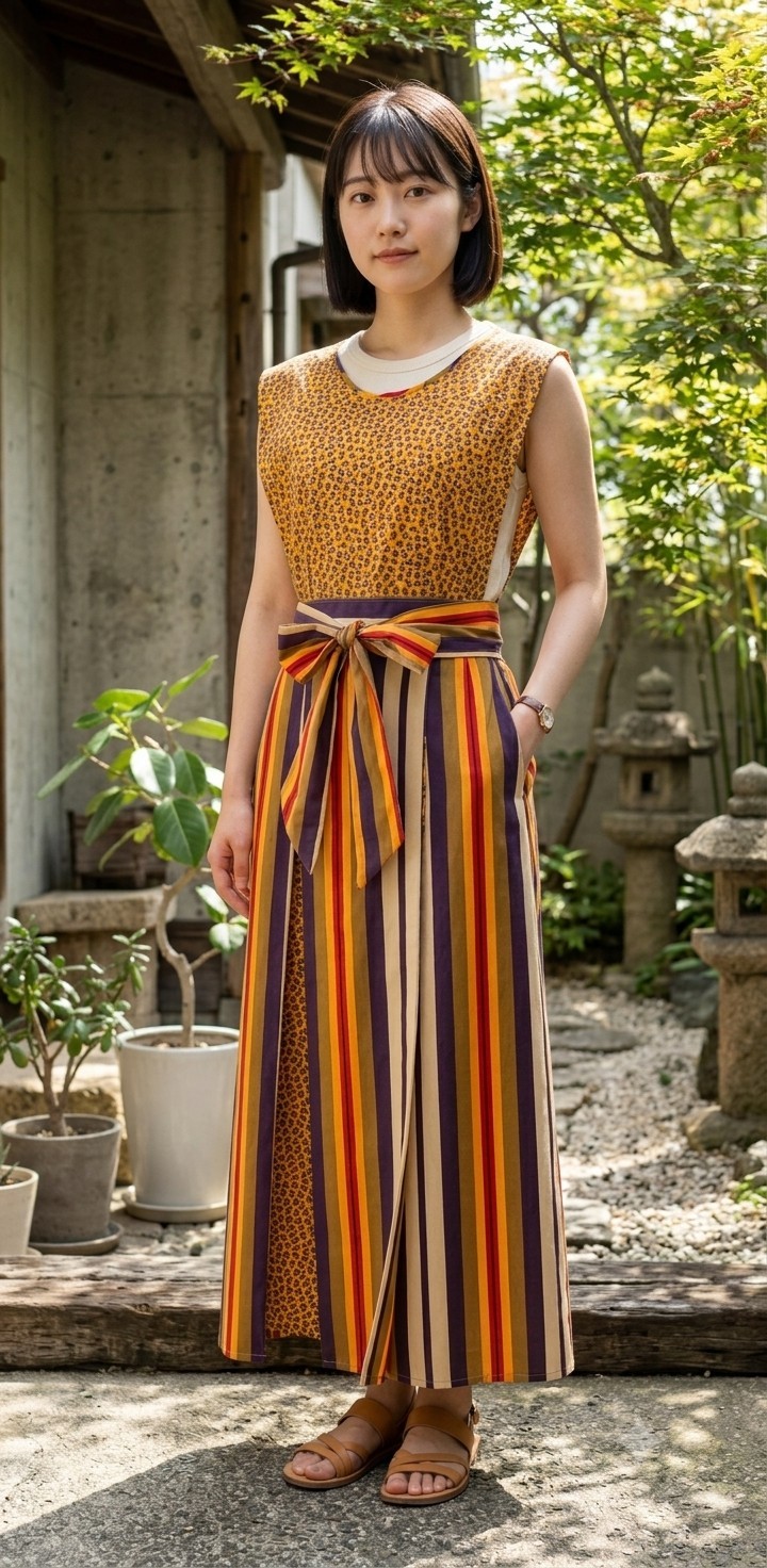 Vintage Design House Japan Floral Striped Apron Pinafore Dress Multicolor Small