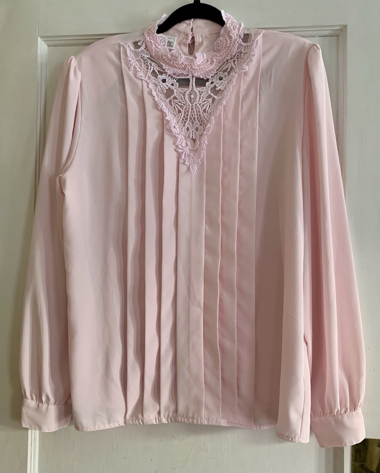 Vintage Worthington Tall 14T Pink High Collar Lace Details Pleats Shoulder Pads*